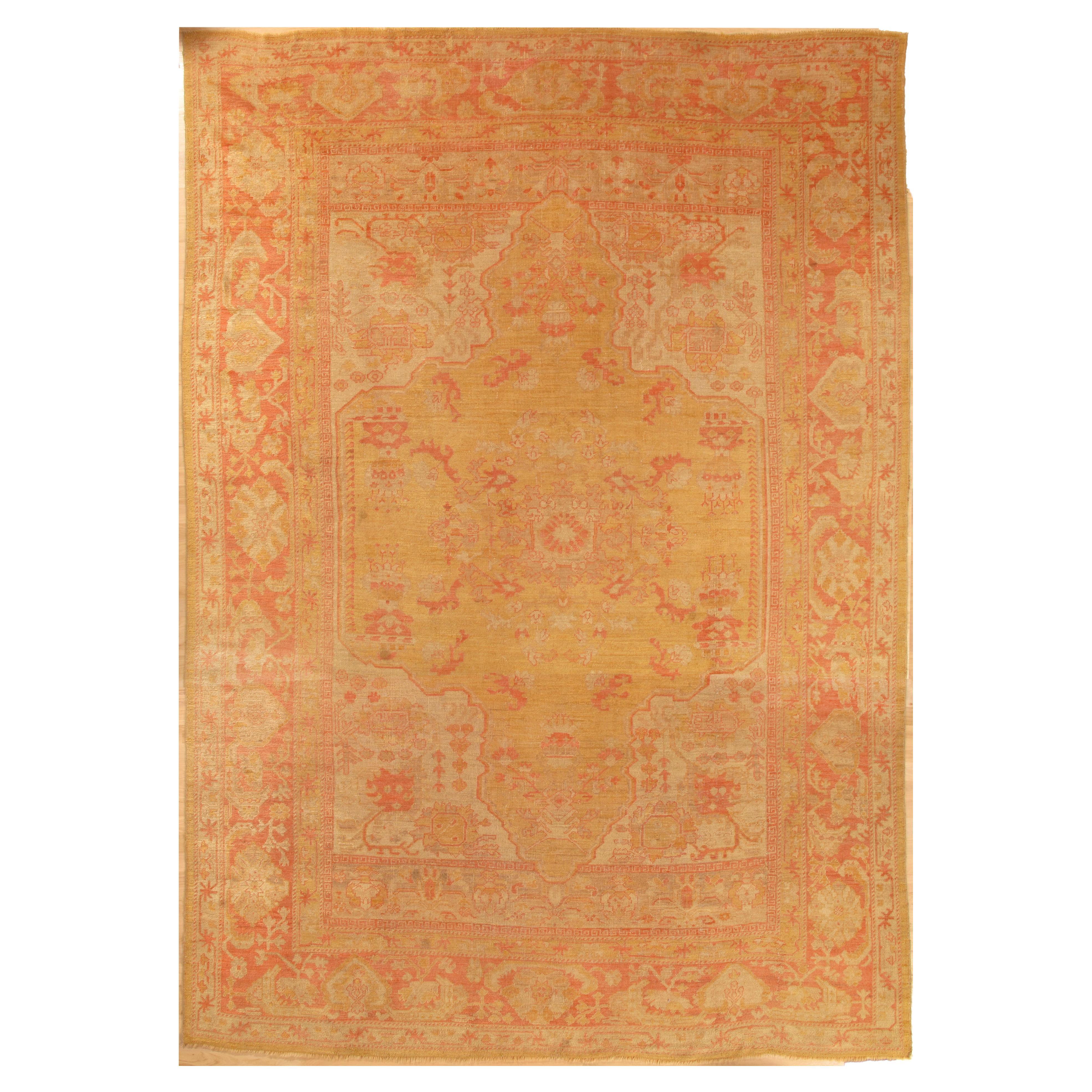 Antique Turkish Oushak Carpet, Handmade Oriental Rug, Gold, Taupe, Shrimp Coral For Sale