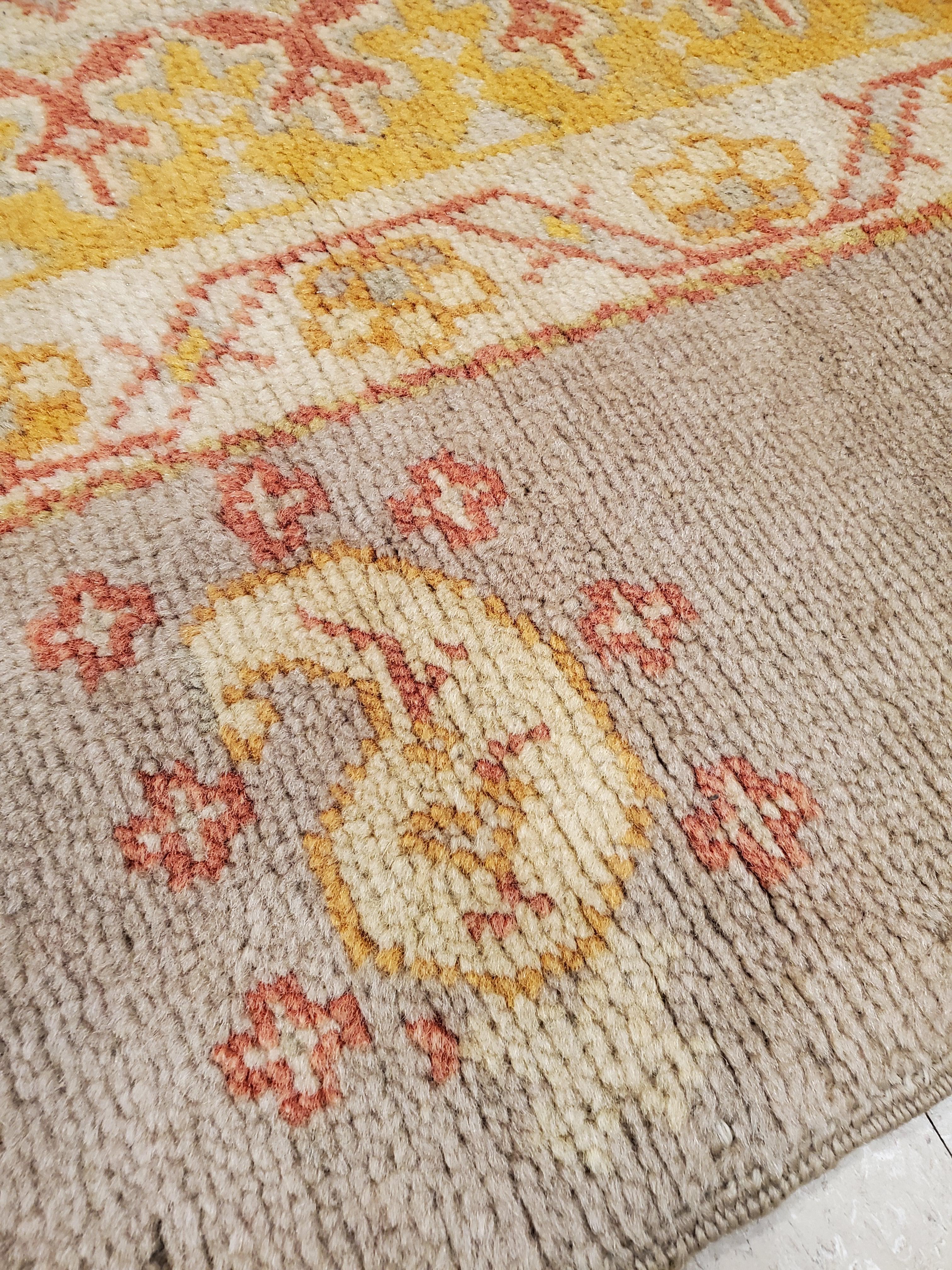 Antique Turkish Oushak Carpet, Handmade Oriental Rug, Gray, Taupe, Saffron Coral 8