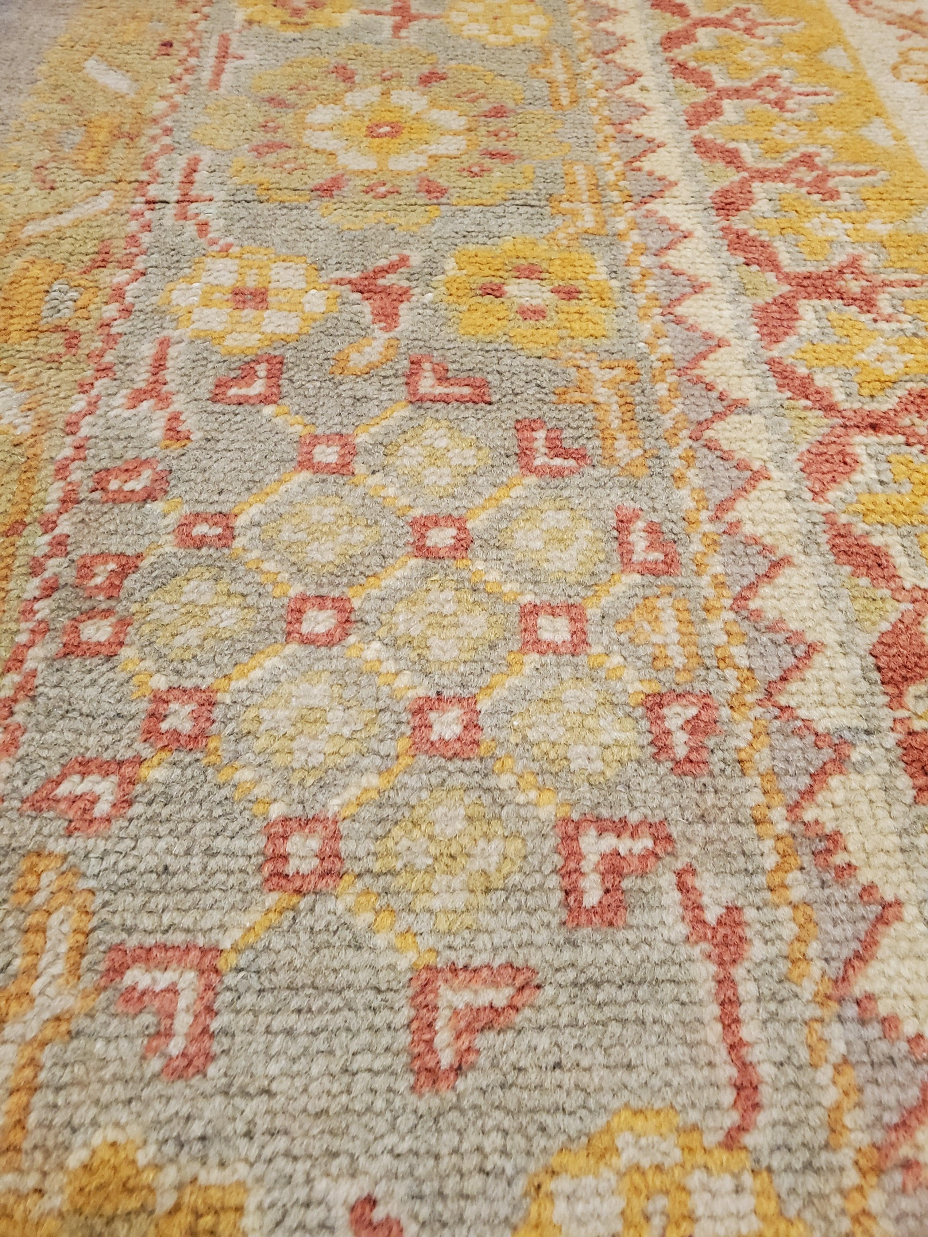 Antique Turkish Oushak Carpet, Handmade Oriental Rug, Gray, Taupe, Saffron Coral 10