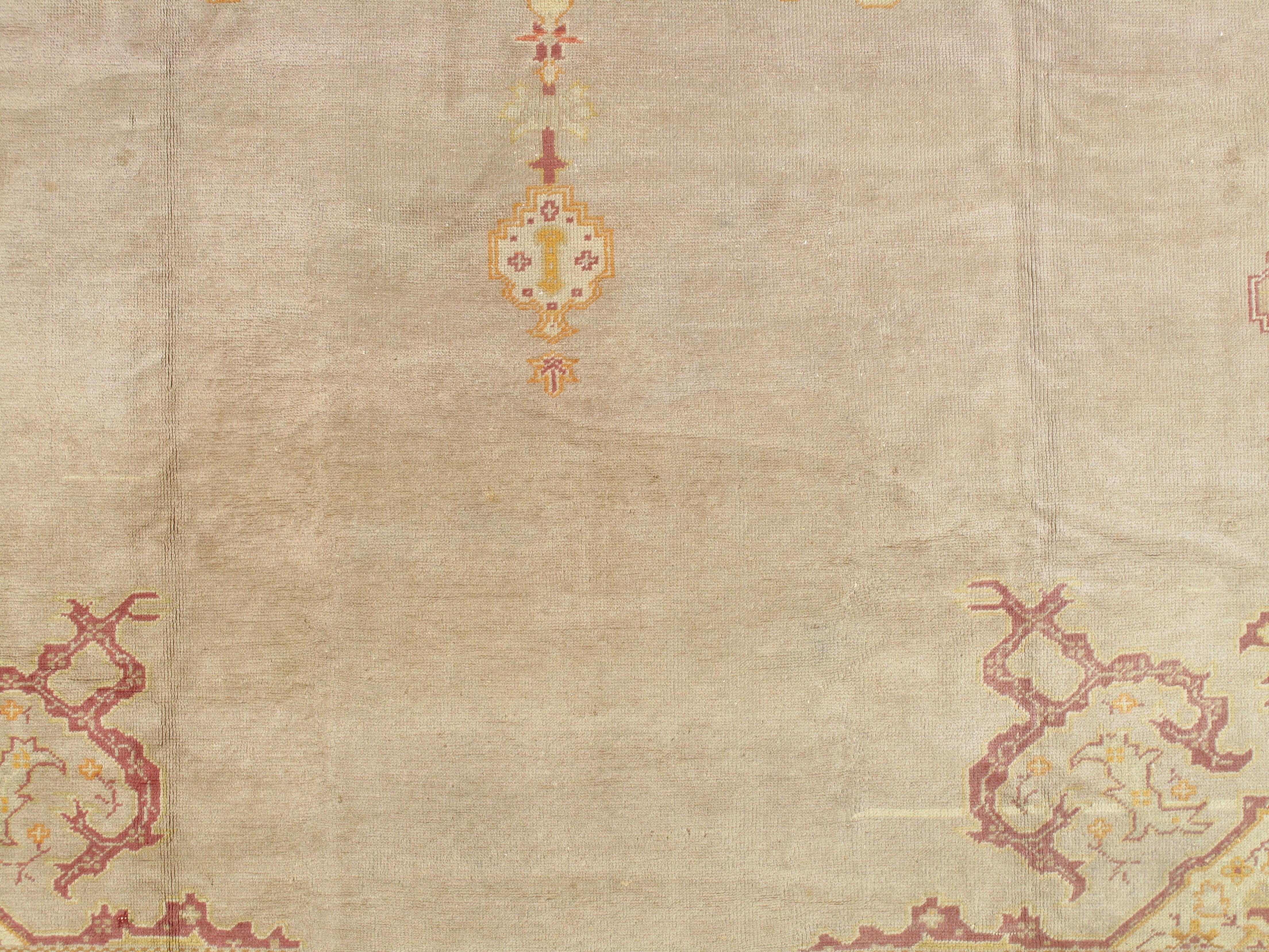 Antique Turkish Oushak Carpet, Handmade Oriental Rug, Gray, Taupe, Saffron Coral 11
