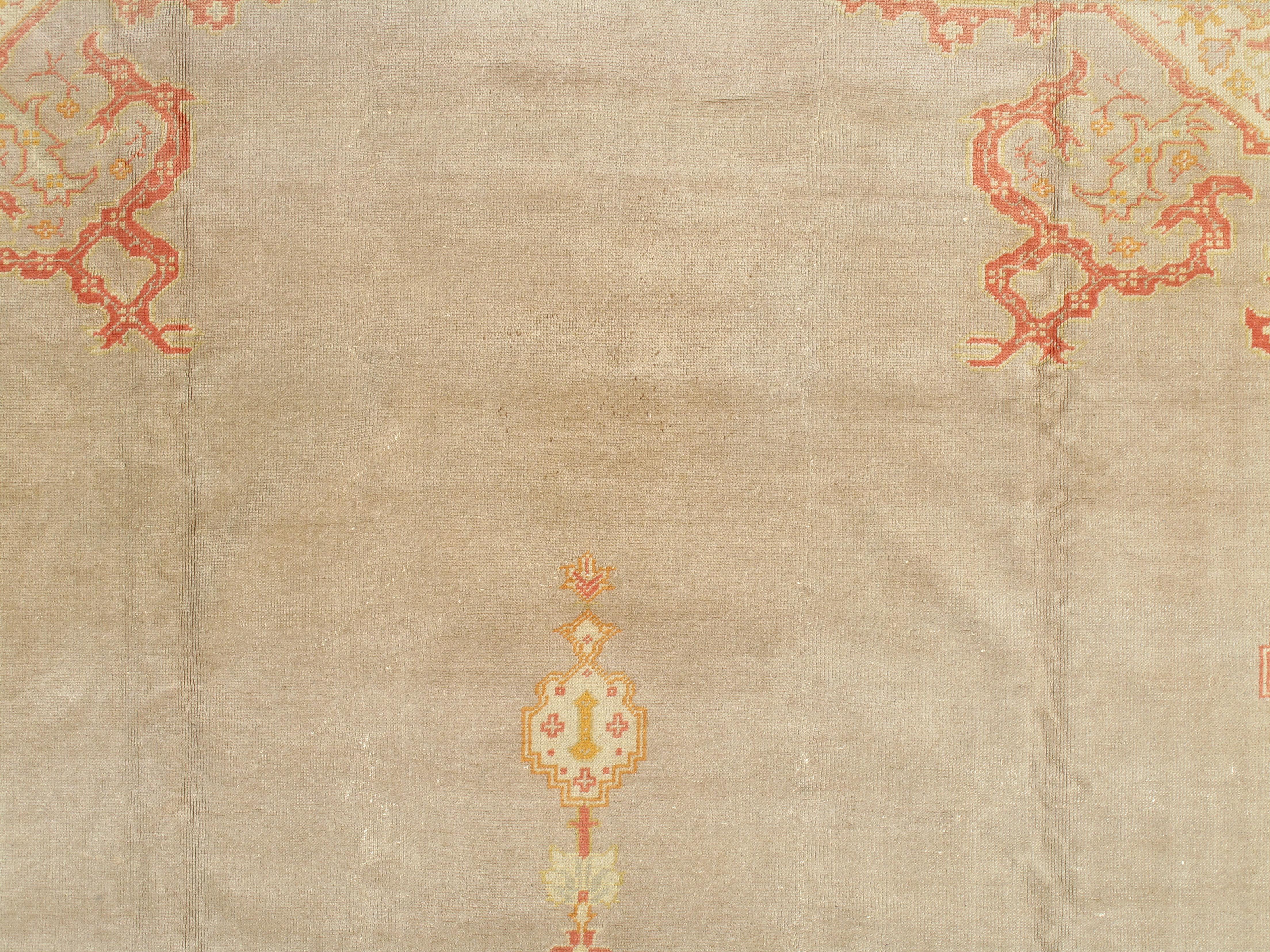 Antique Turkish Oushak Carpet, Handmade Oriental Rug, Gray, Taupe, Saffron Coral 12