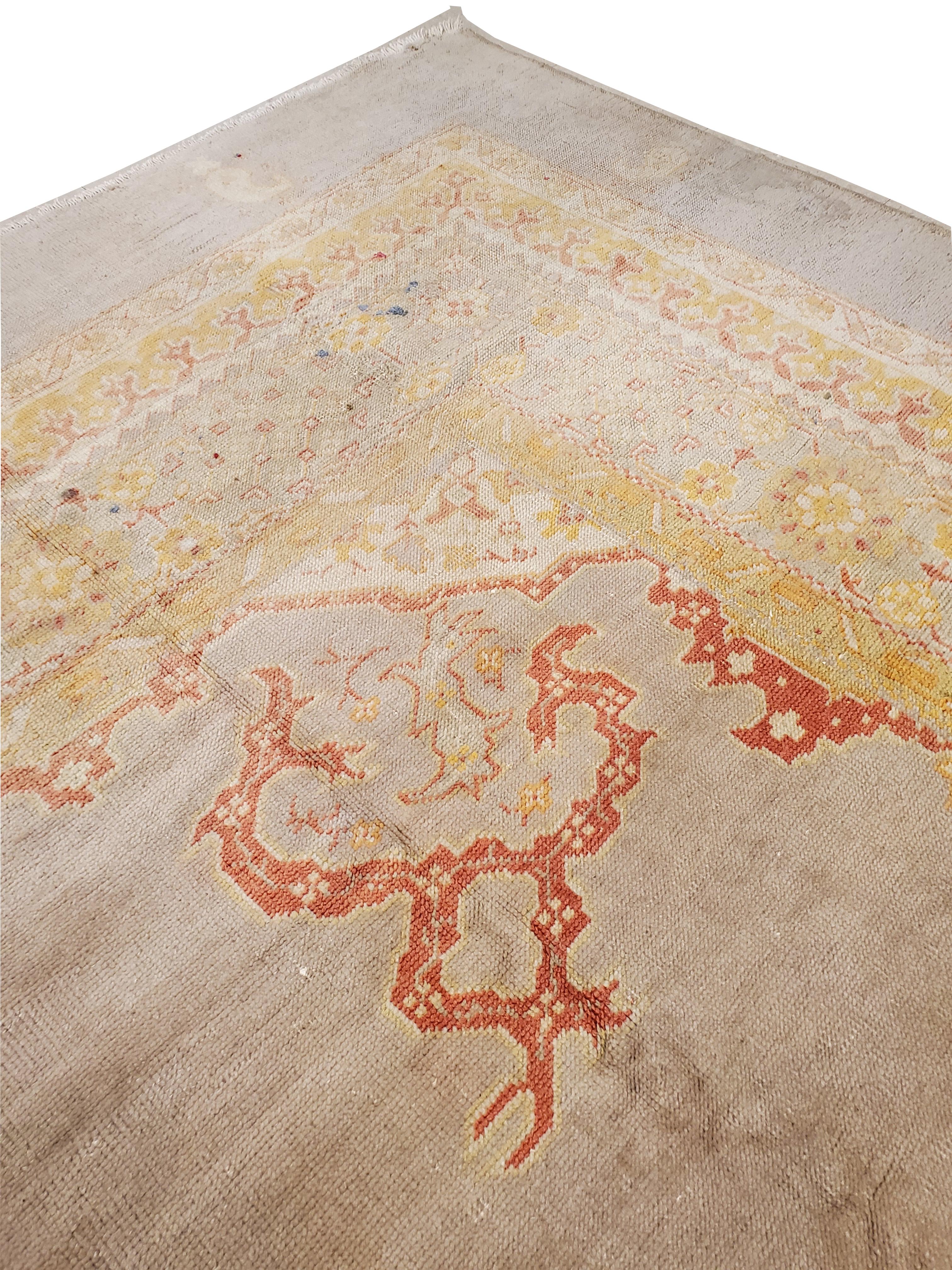 Hand-Knotted Antique Turkish Oushak Carpet, Handmade Oriental Rug, Gray, Taupe, Saffron Coral