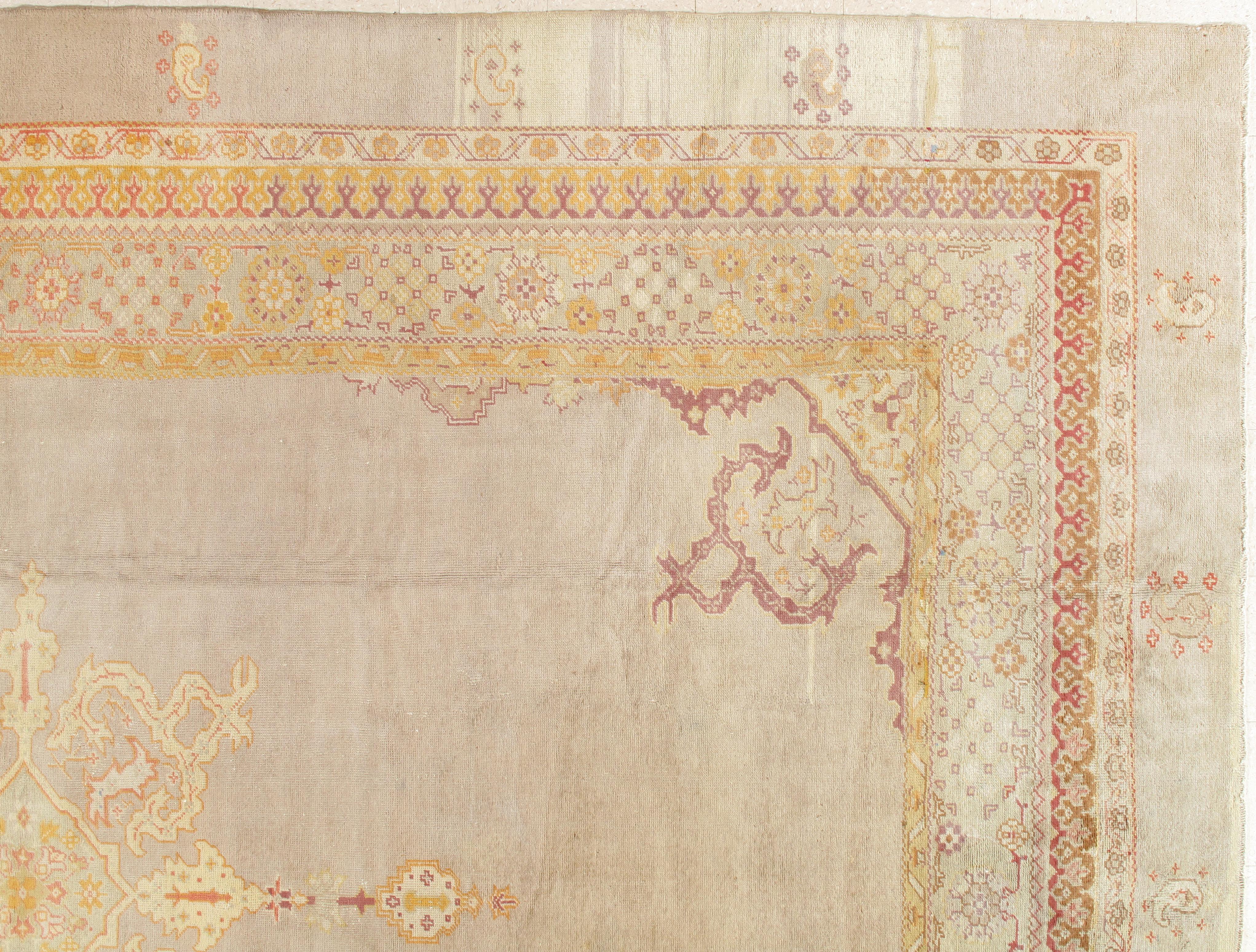 20th Century Antique Turkish Oushak Carpet, Handmade Oriental Rug, Gray, Taupe, Saffron Coral