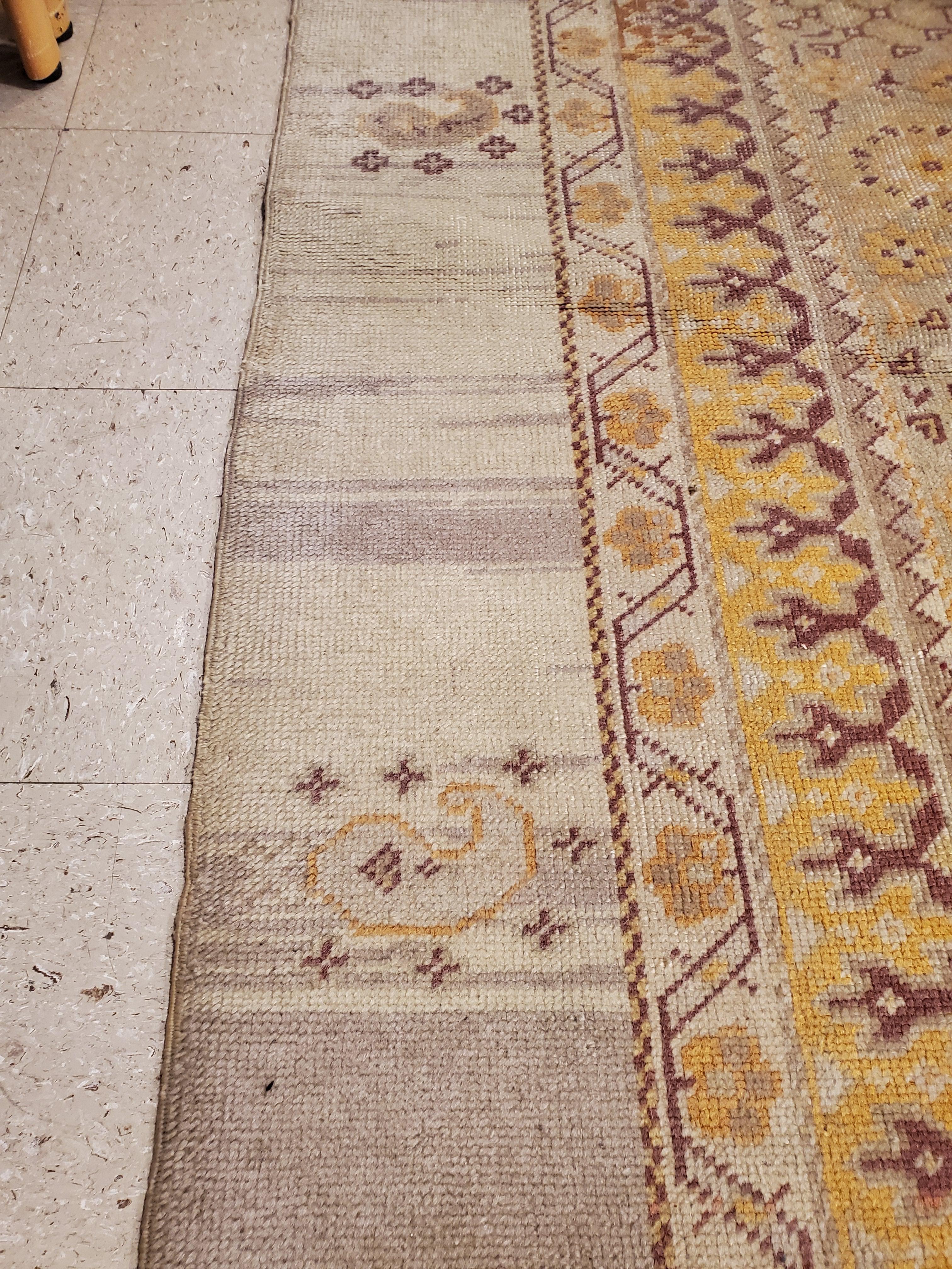 Wool Antique Turkish Oushak Carpet, Handmade Oriental Rug, Gray, Taupe, Saffron Coral