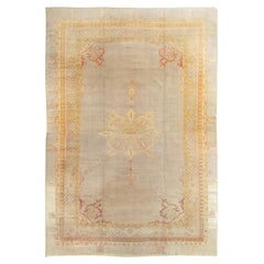 Antique Turkish Oushak Carpet, Handmade Oriental Rug, Gray, Taupe, Saffron Coral