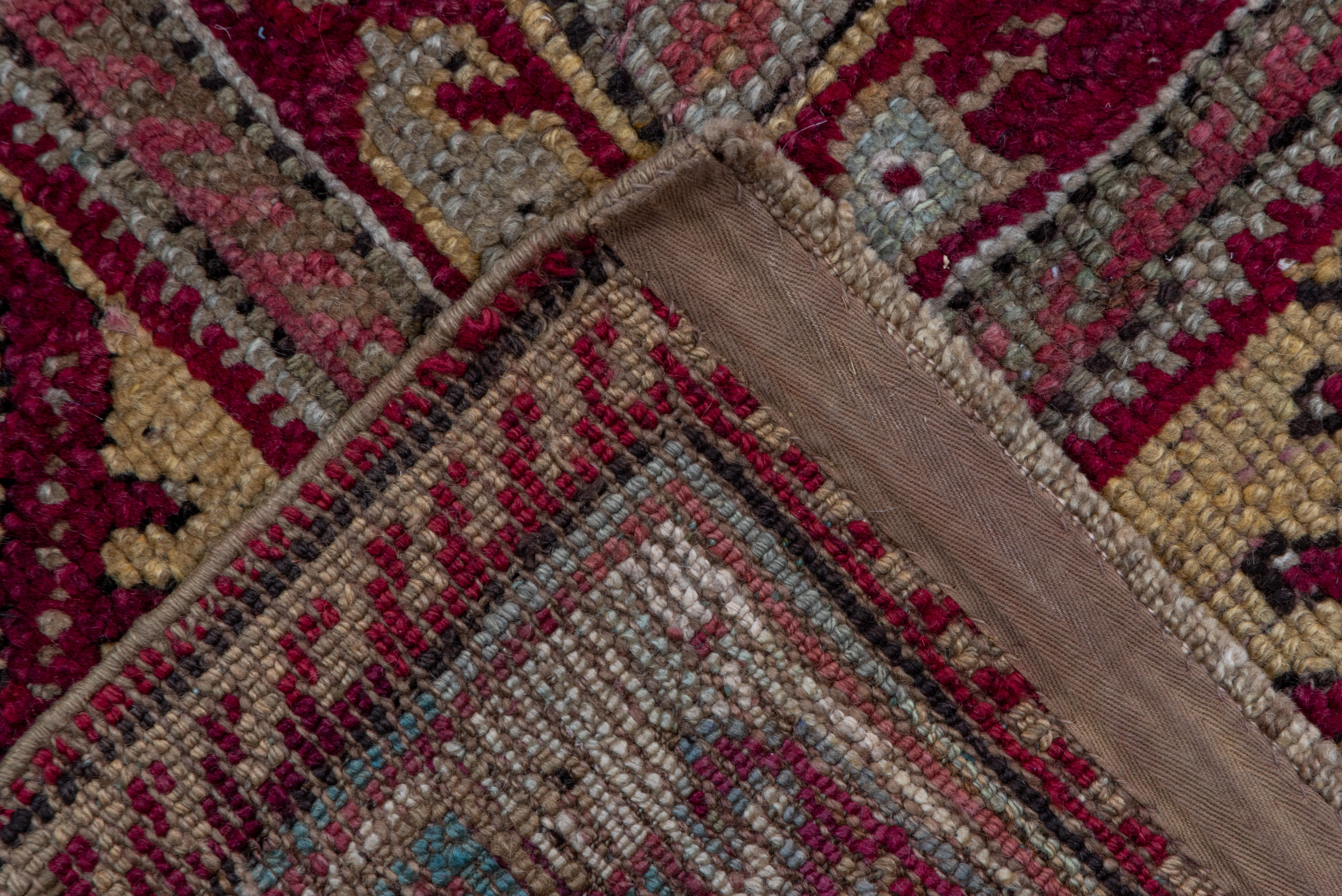 Hand-Knotted Antique Turkish Oushak Carpet, Light Blue Field, Citron Border & Plum Accents For Sale