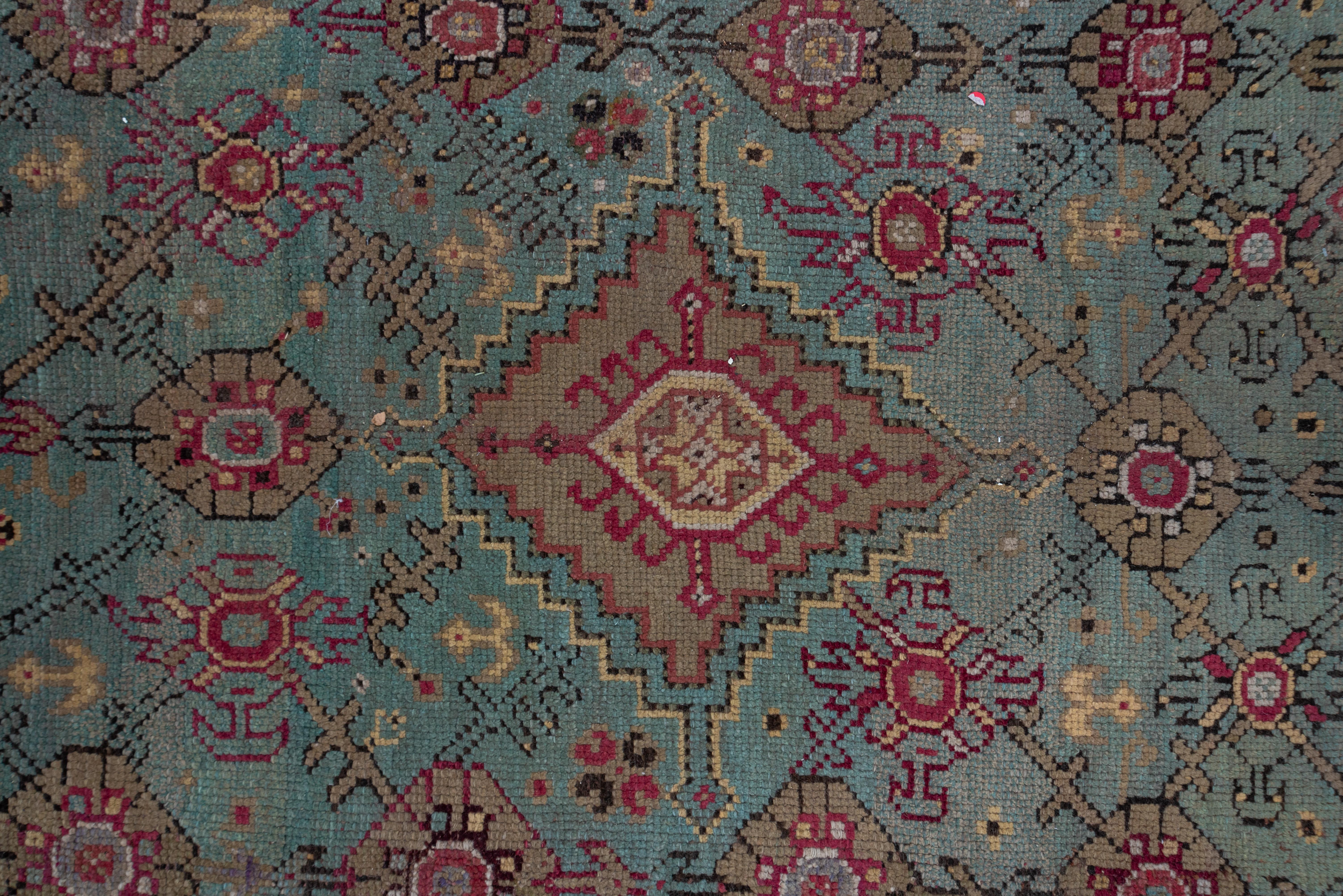 Wool Antique Turkish Oushak Carpet, Light Blue Field, Citron Border & Plum Accents For Sale