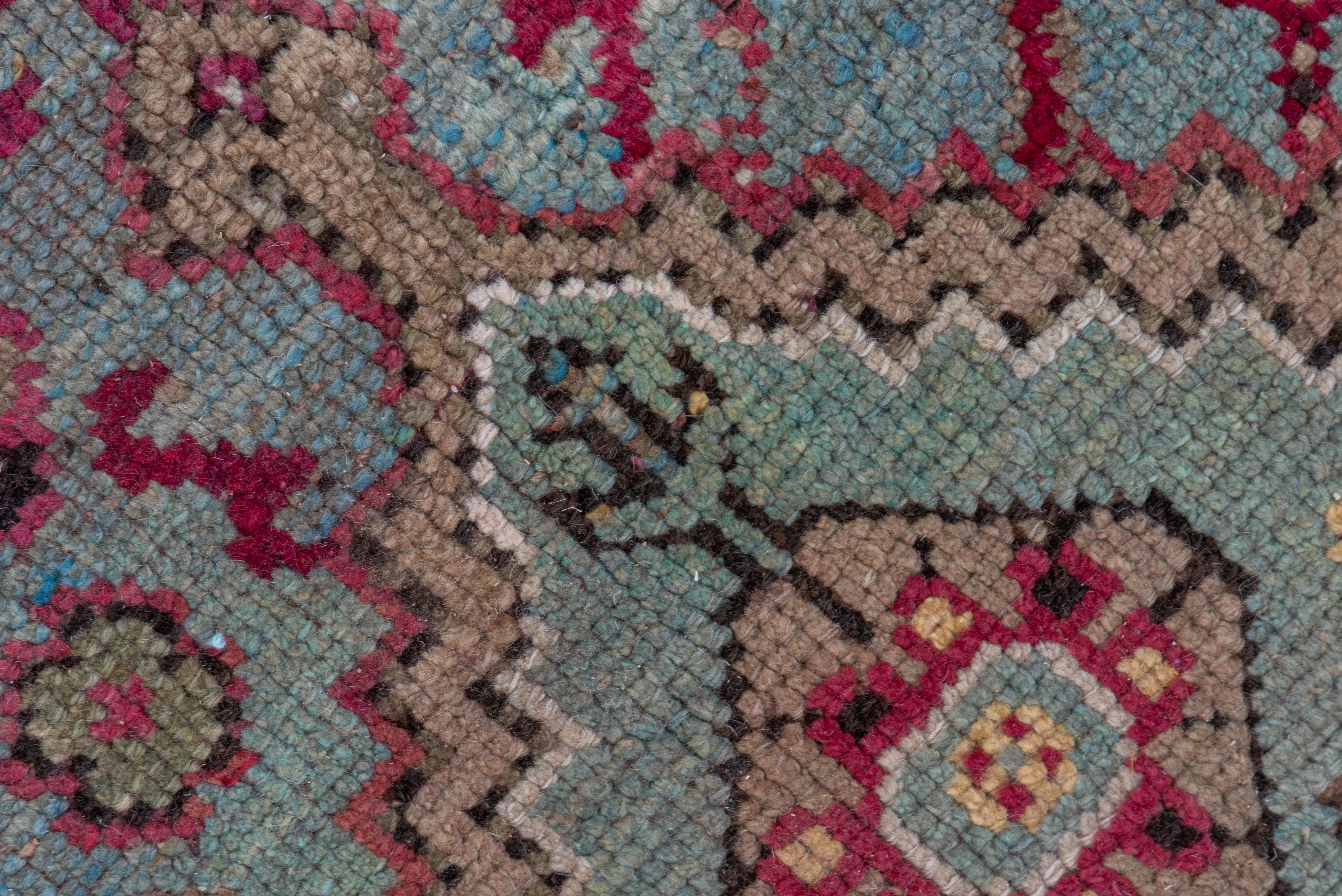 Antique Turkish Oushak Carpet, Light Blue Field, Citron Border & Plum Accents For Sale 1