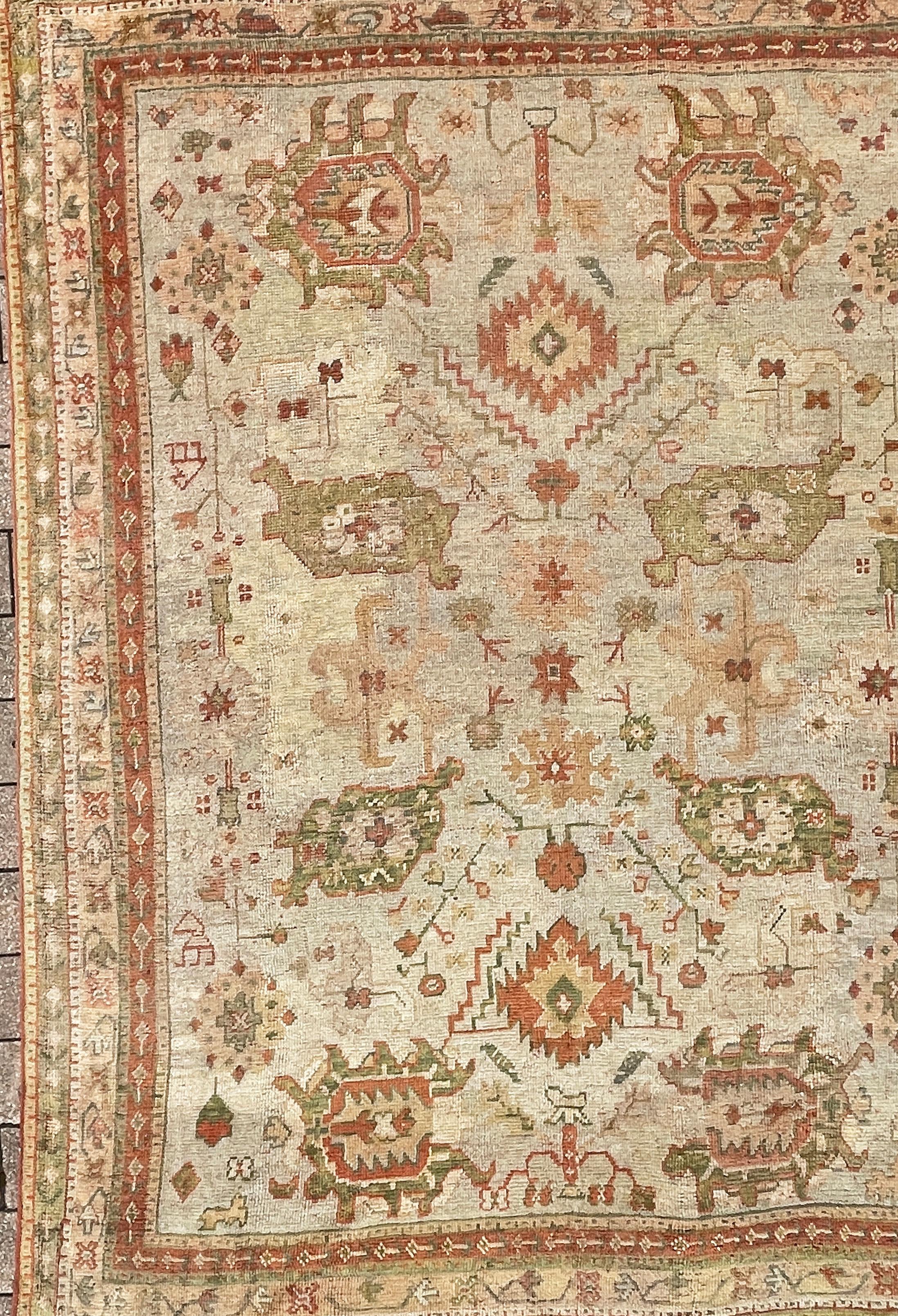 Hand-Knotted Antique Turkish Oushak Carpet, Oil painting for your floor  For Sale