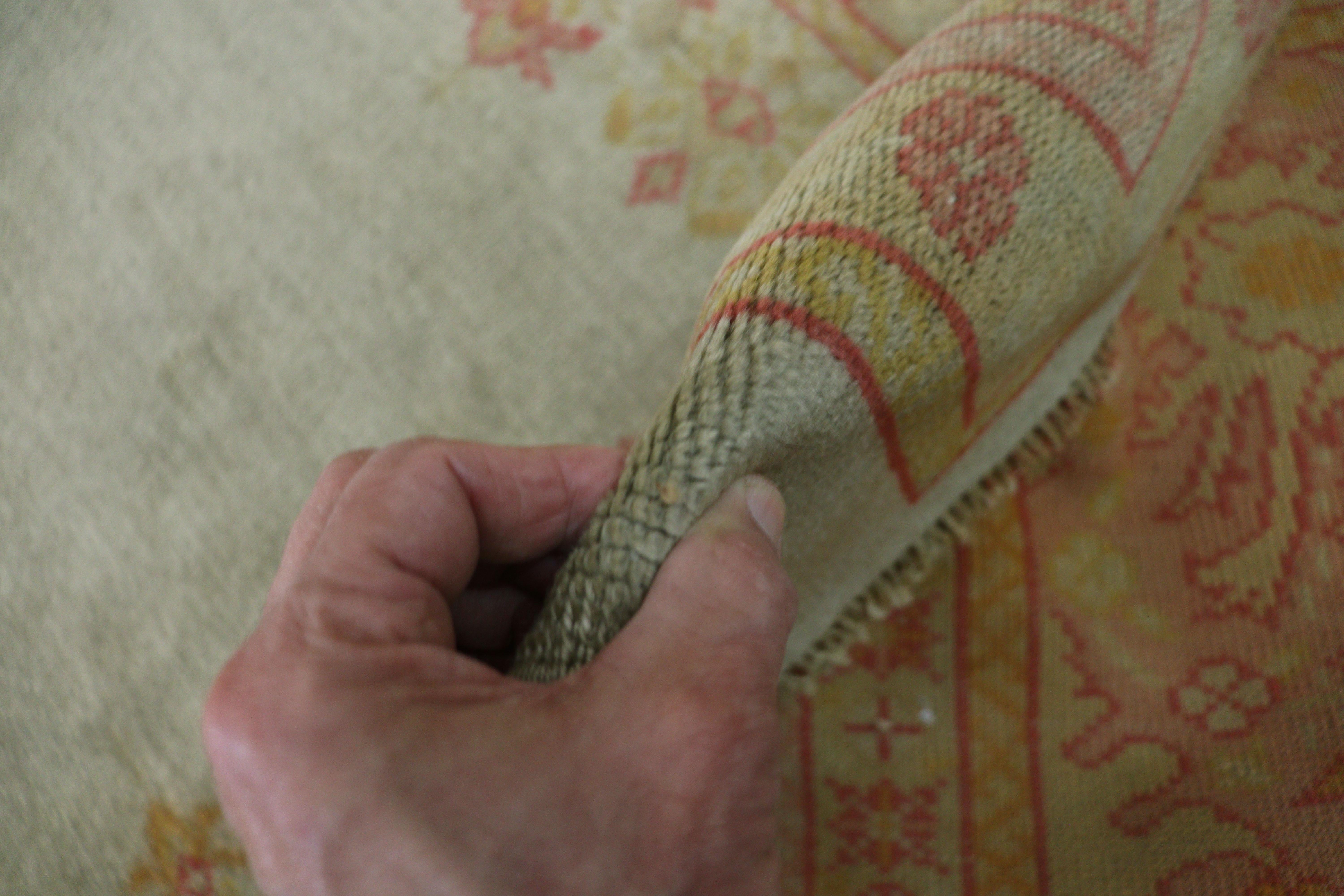 Hand-Knotted Antique Turkish Oushak Carpet, Pistachio Green For Sale