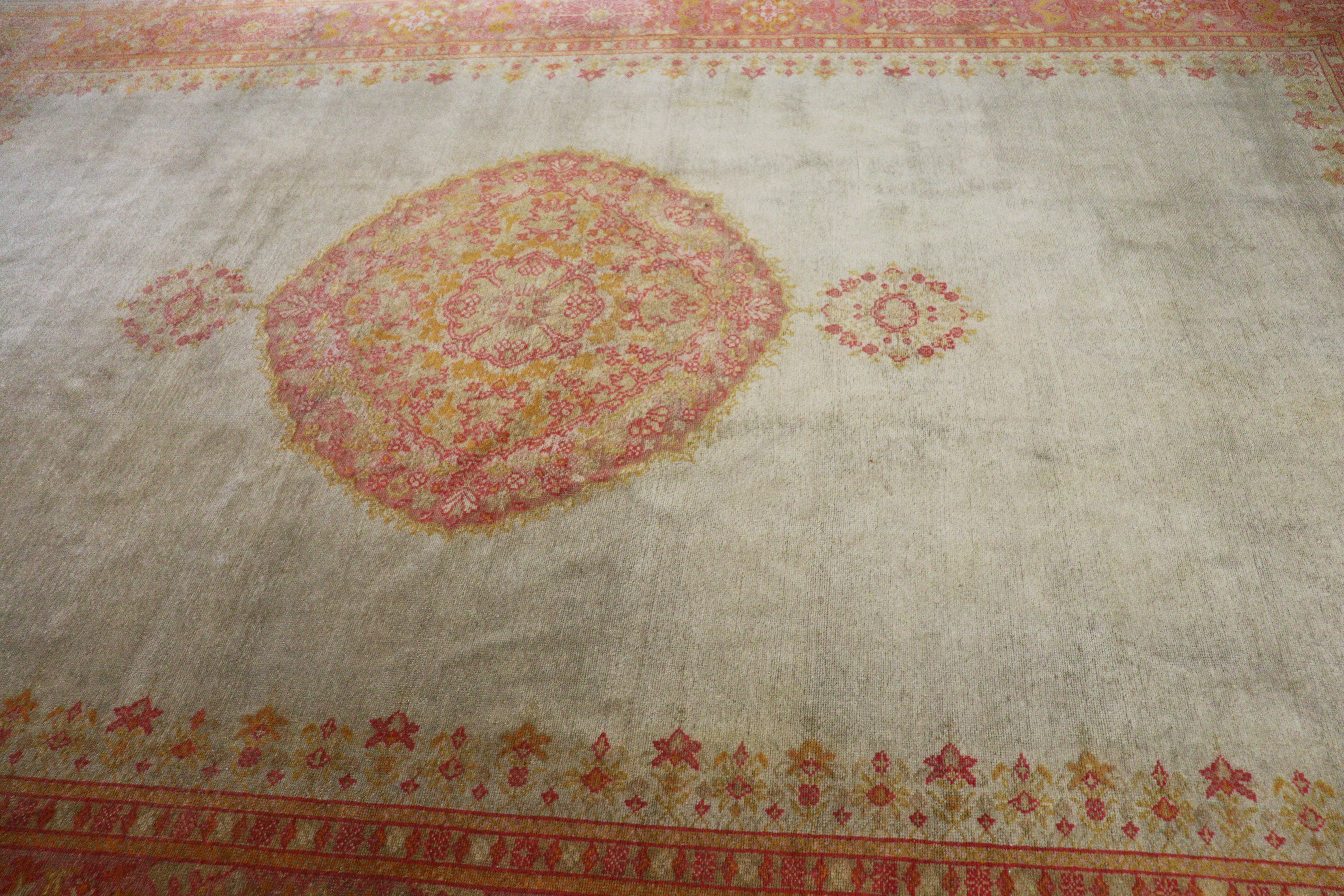 19th Century Antique Turkish Oushak Carpet, Pistachio Green For Sale