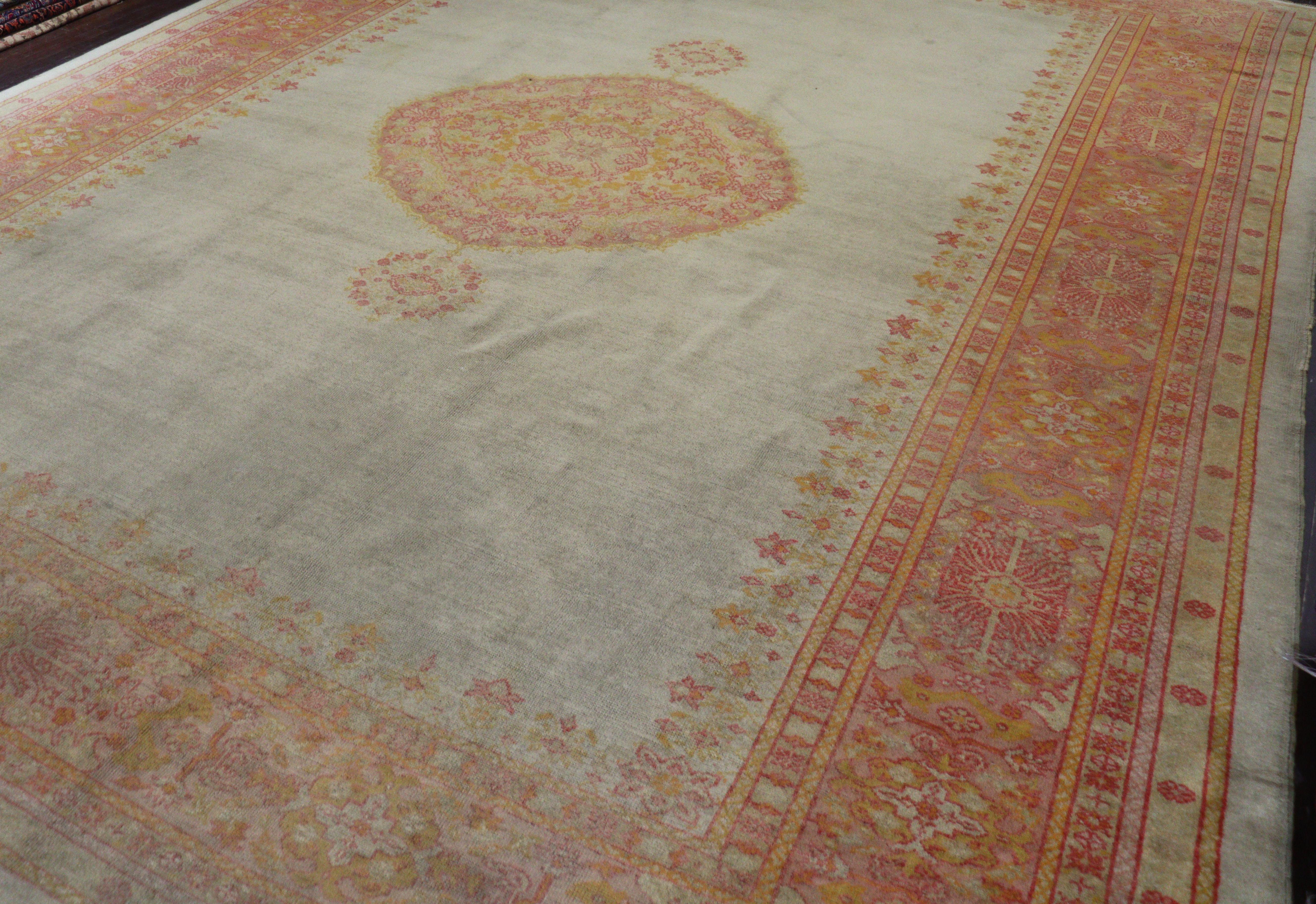 Wool Antique Turkish Oushak Carpet, Pistachio Green For Sale