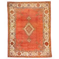 Antique Turkish Oushak Carpet, Salmon Pink Field, circa 1930s