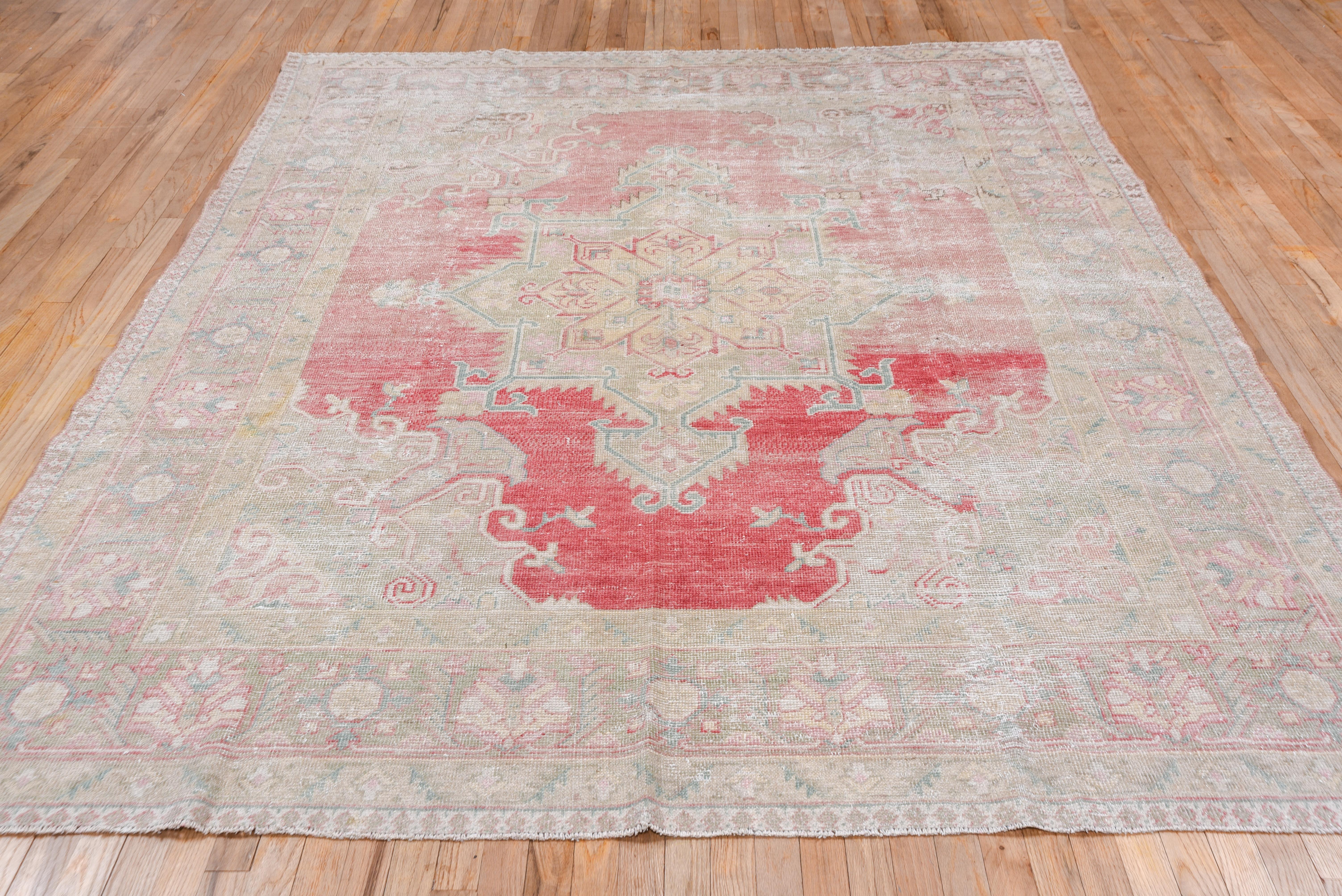 Antique Turkish Oushak Carpet, Soft Colors, Soft Red Field, circa 1920s 1