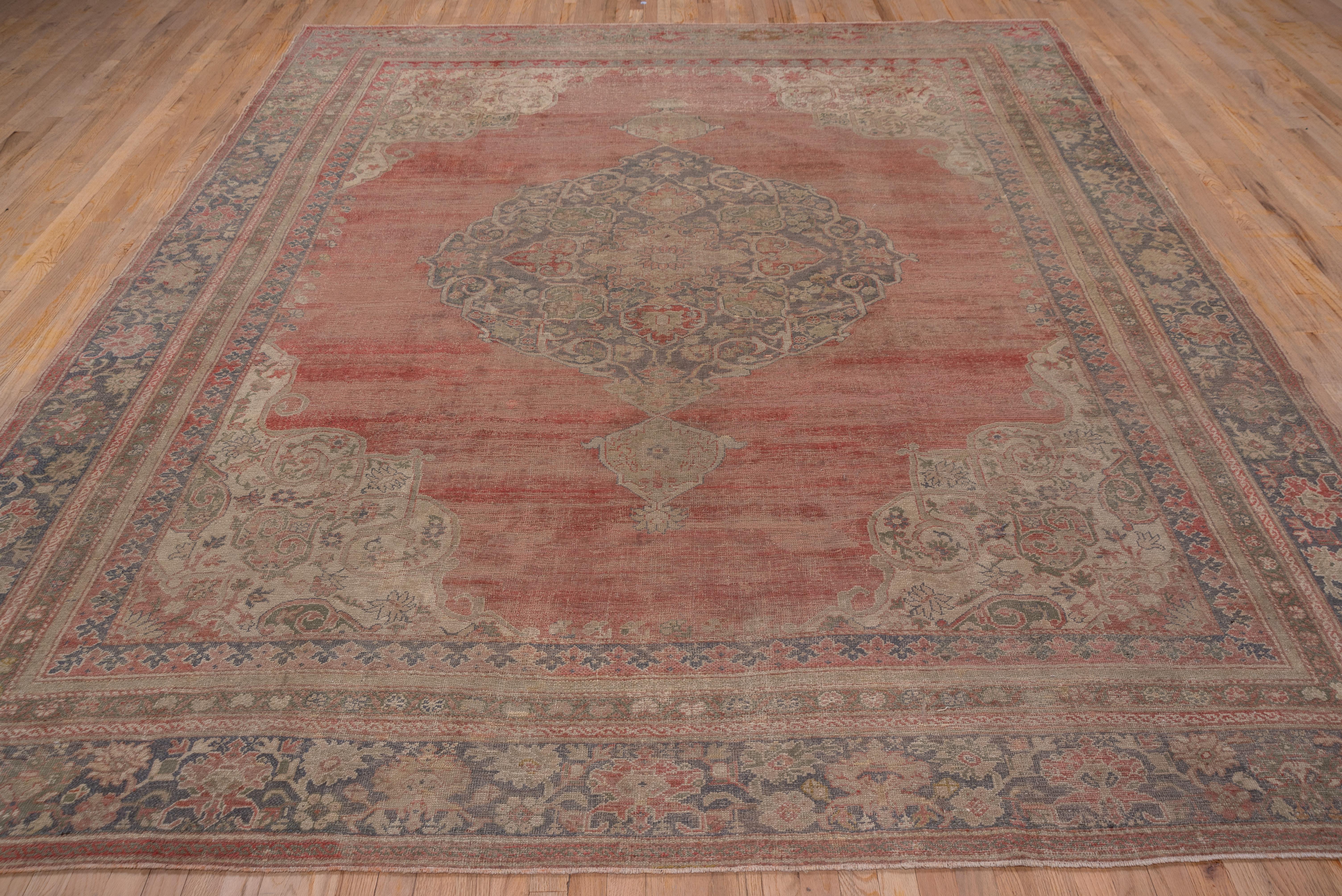 Antique Turkish Oushak Carpet, Soft Red Field, Slate Blue Borders In Good Condition For Sale In New York, NY