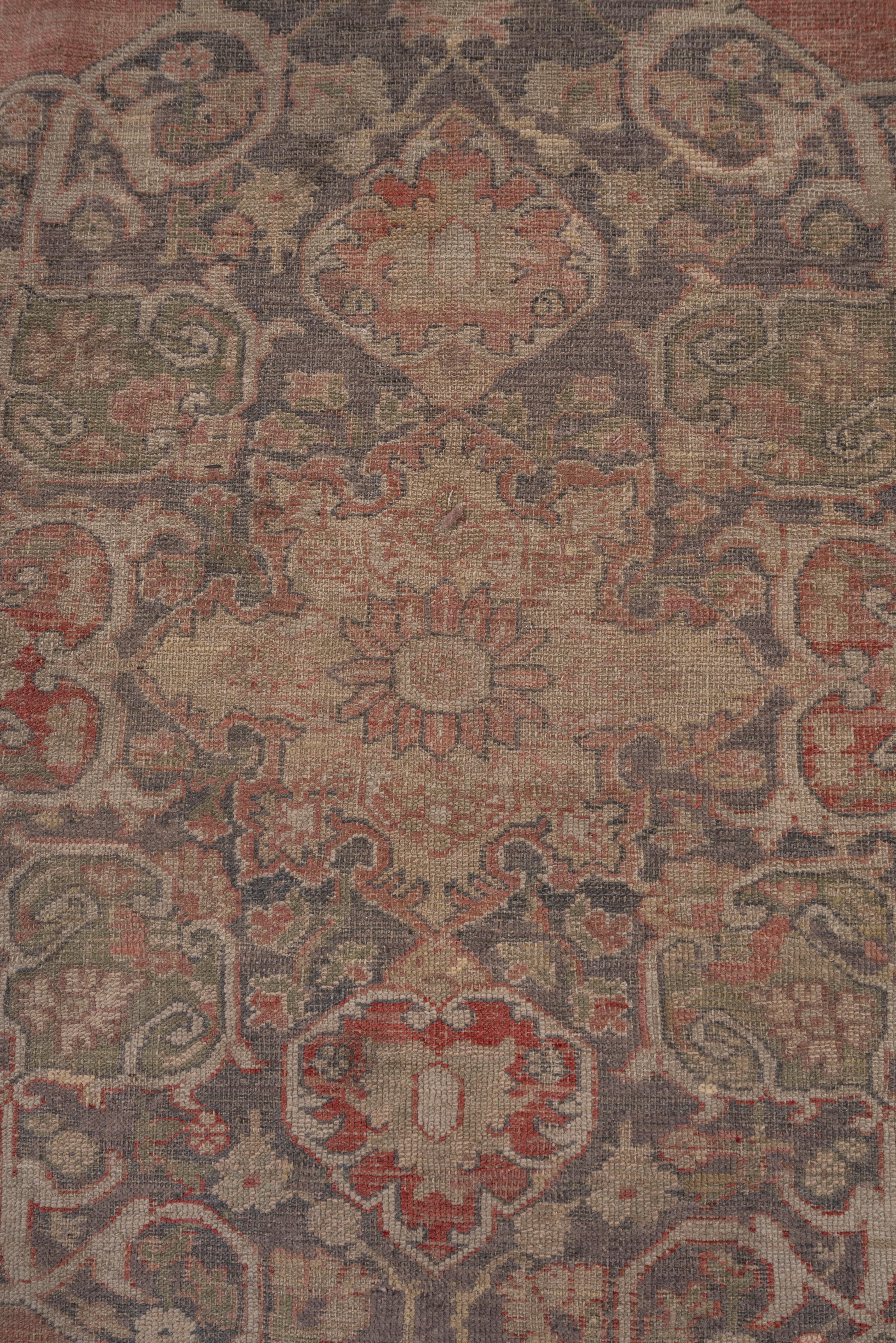 Early 20th Century Antique Turkish Oushak Carpet, Soft Red Field, Slate Blue Borders For Sale