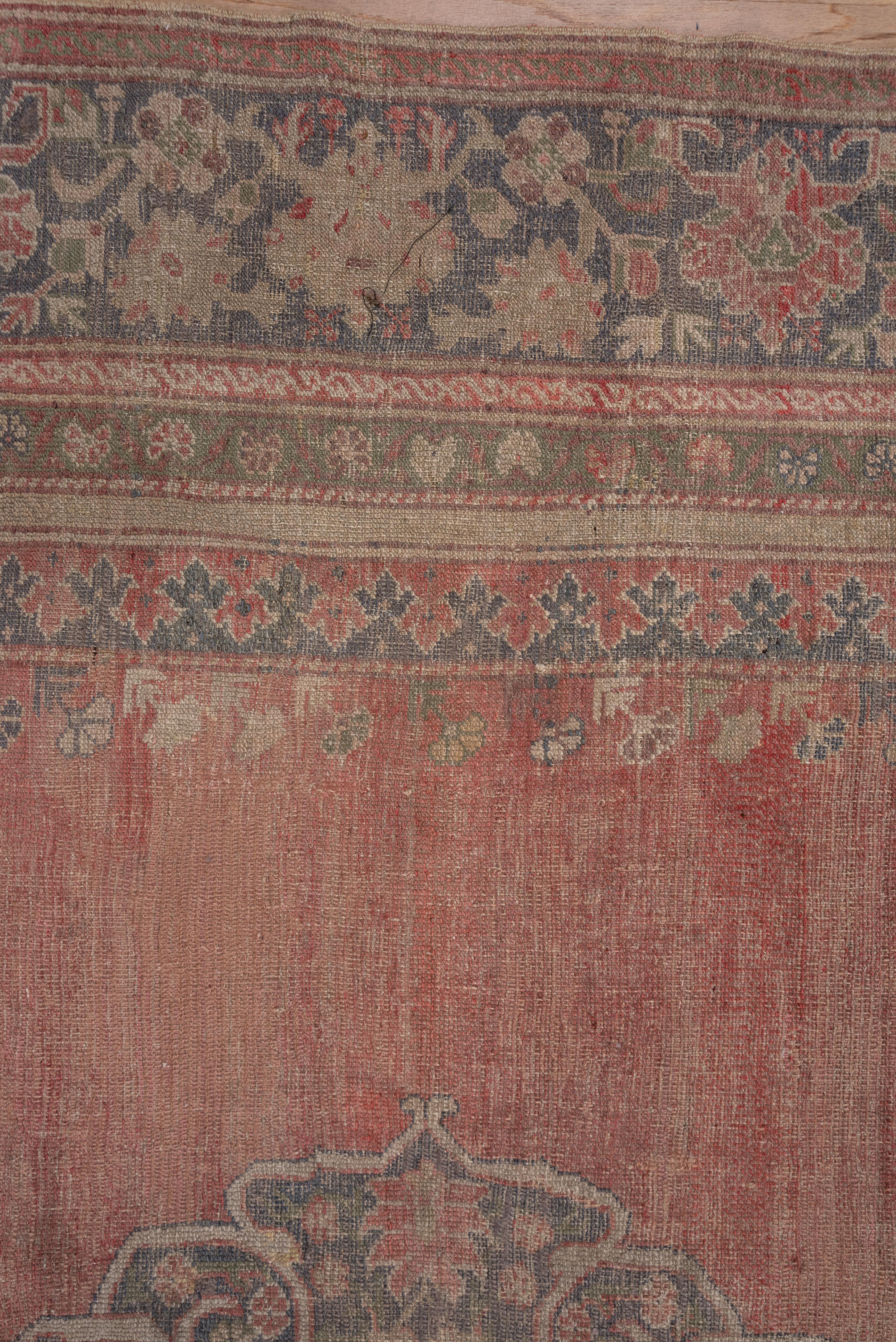 Wool Antique Turkish Oushak Carpet, Soft Red Field, Slate Blue Borders For Sale