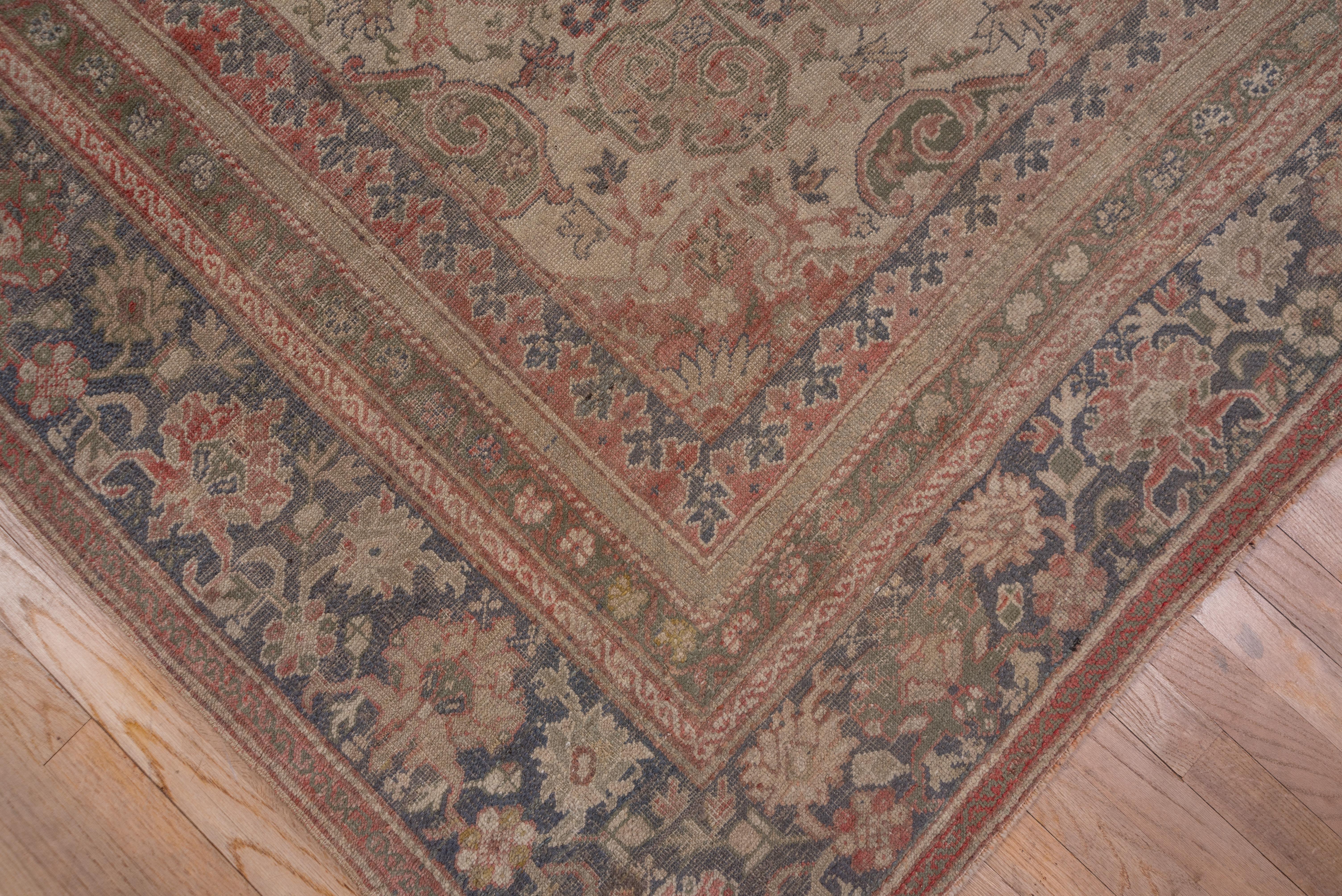 Antique Turkish Oushak Carpet, Soft Red Field, Slate Blue Borders For Sale 1