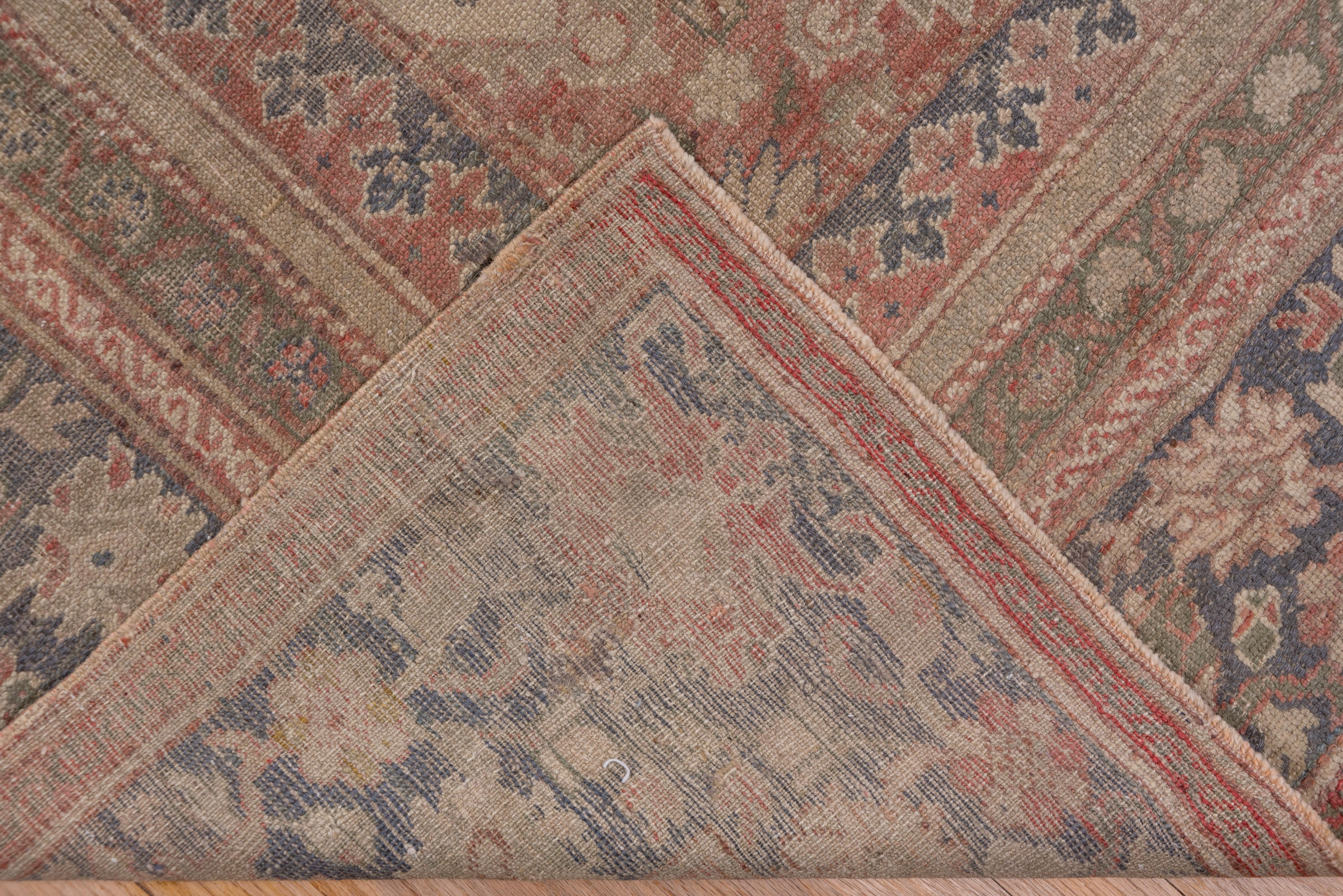 Antique Turkish Oushak Carpet, Soft Red Field, Slate Blue Borders For Sale 2