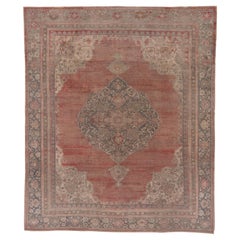 Antique Turkish Oushak Carpet, Soft Red Field, Slate Blue Borders