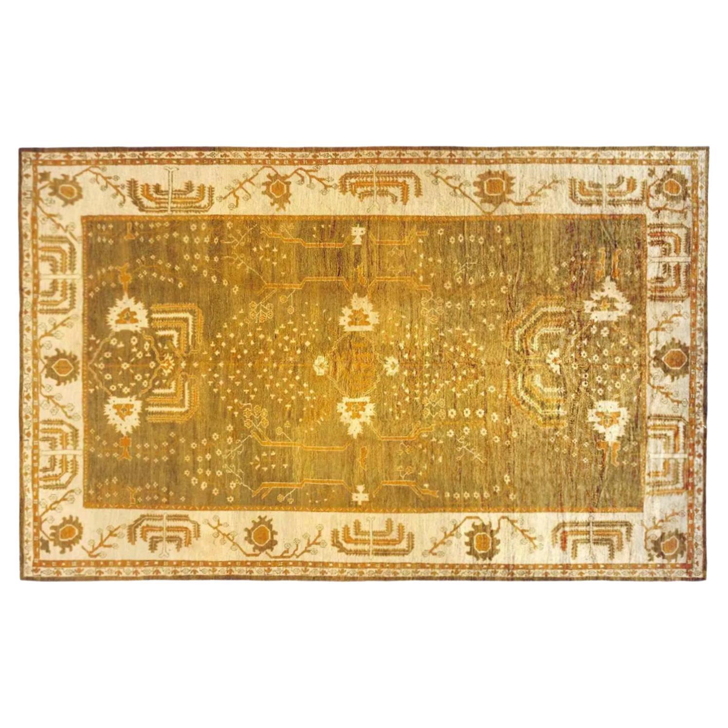 Antique Turkish Oushak Carpet with Cypress Trees, in Large Size, Green and Ivory