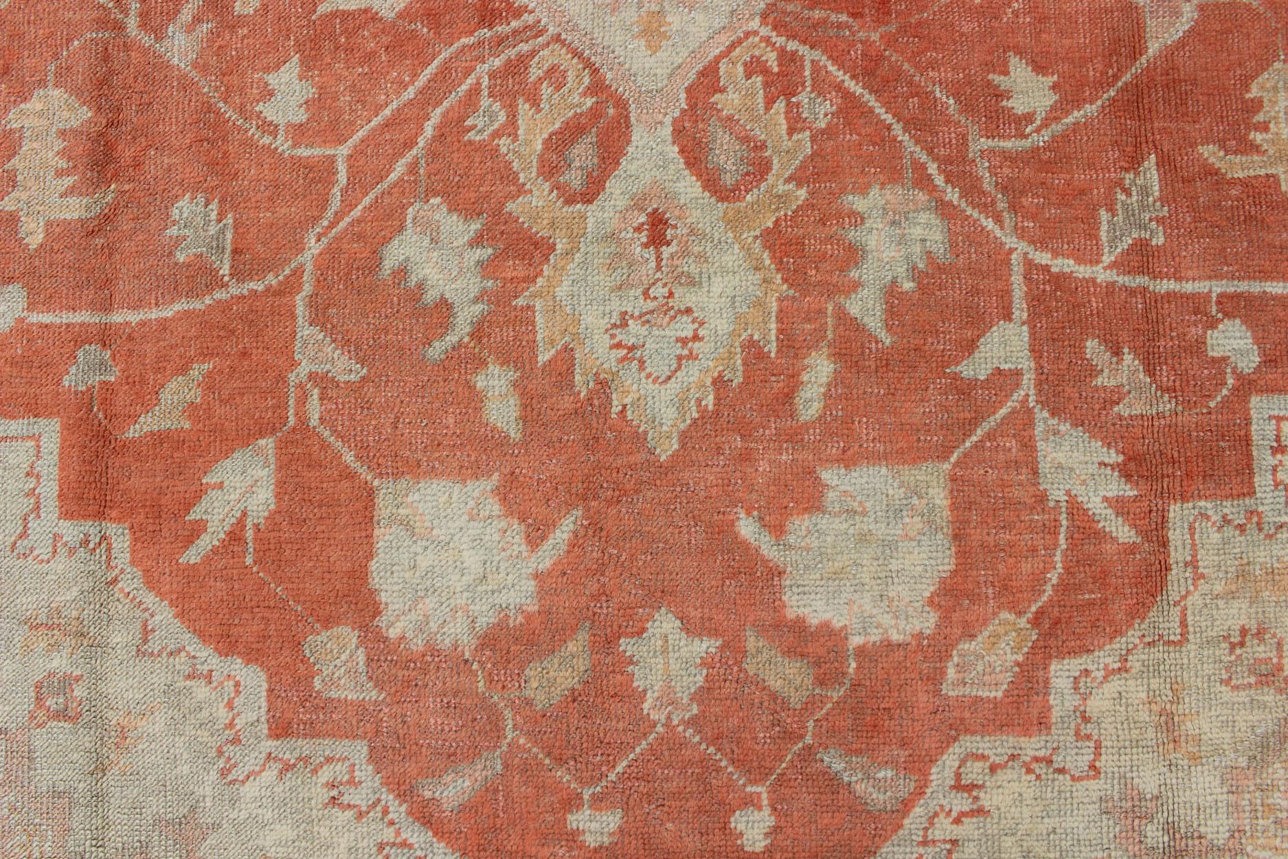 Antique Turkish Oushak Carpet With Medallion In Cream and Soft Orange For Sale 8