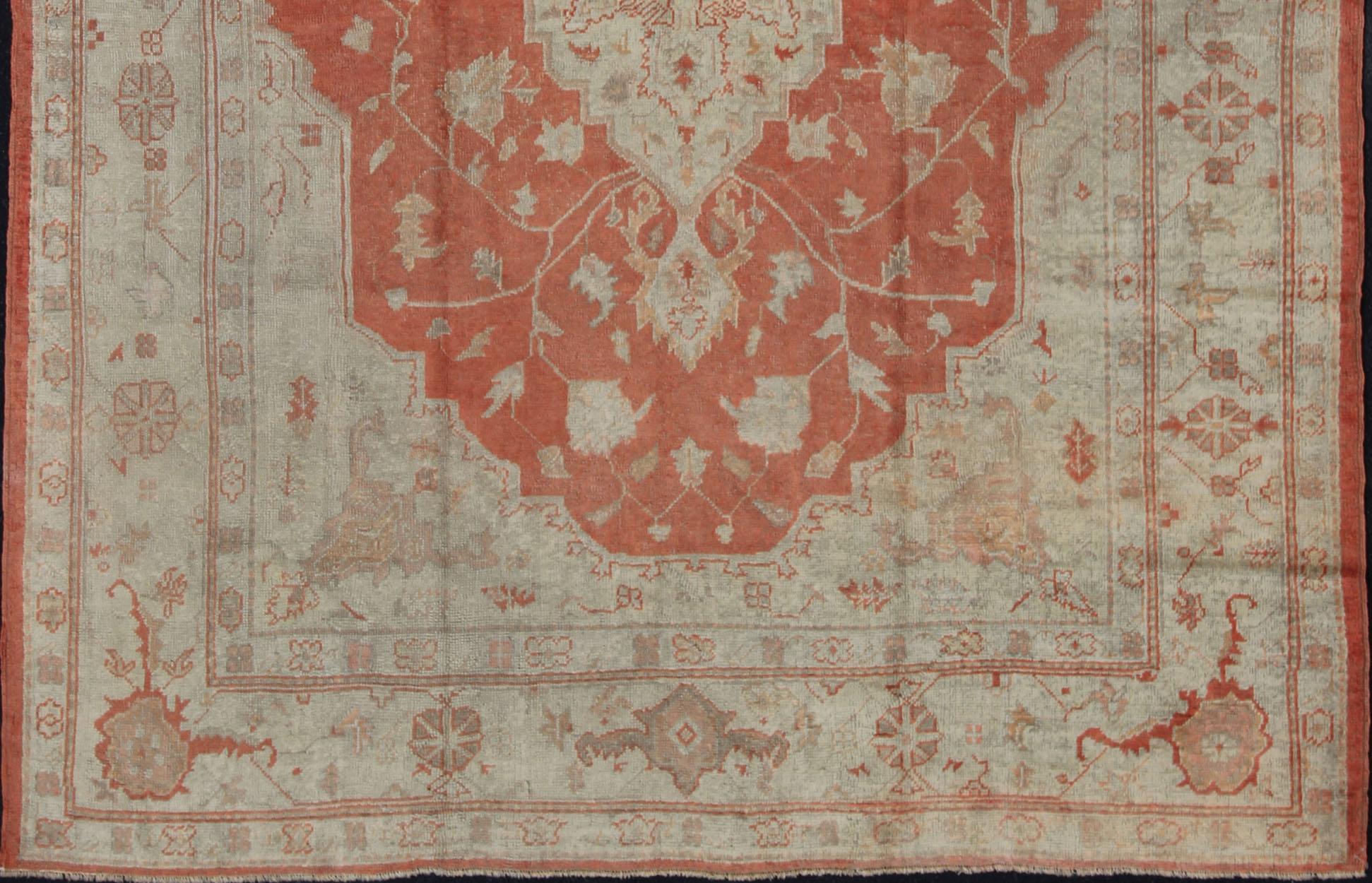 Hand-Knotted Antique Turkish Oushak Carpet With Medallion In Cream and Soft Orange For Sale