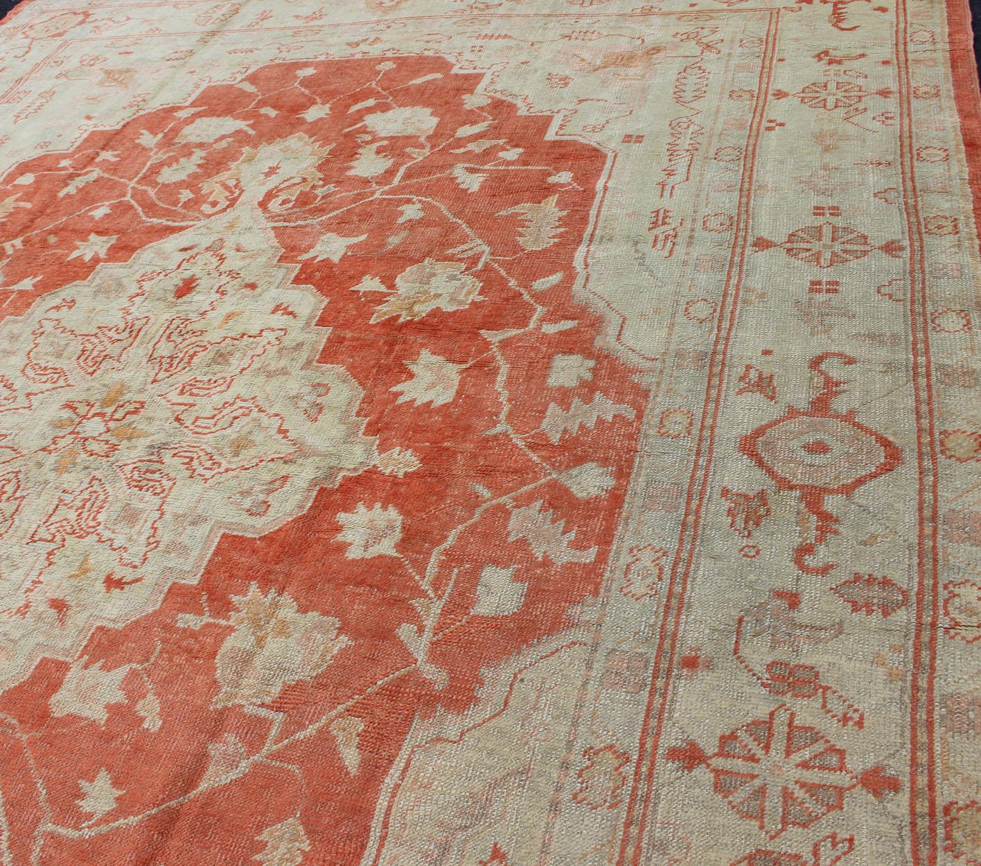 20th Century Antique Turkish Oushak Carpet With Medallion In Cream and Soft Orange For Sale