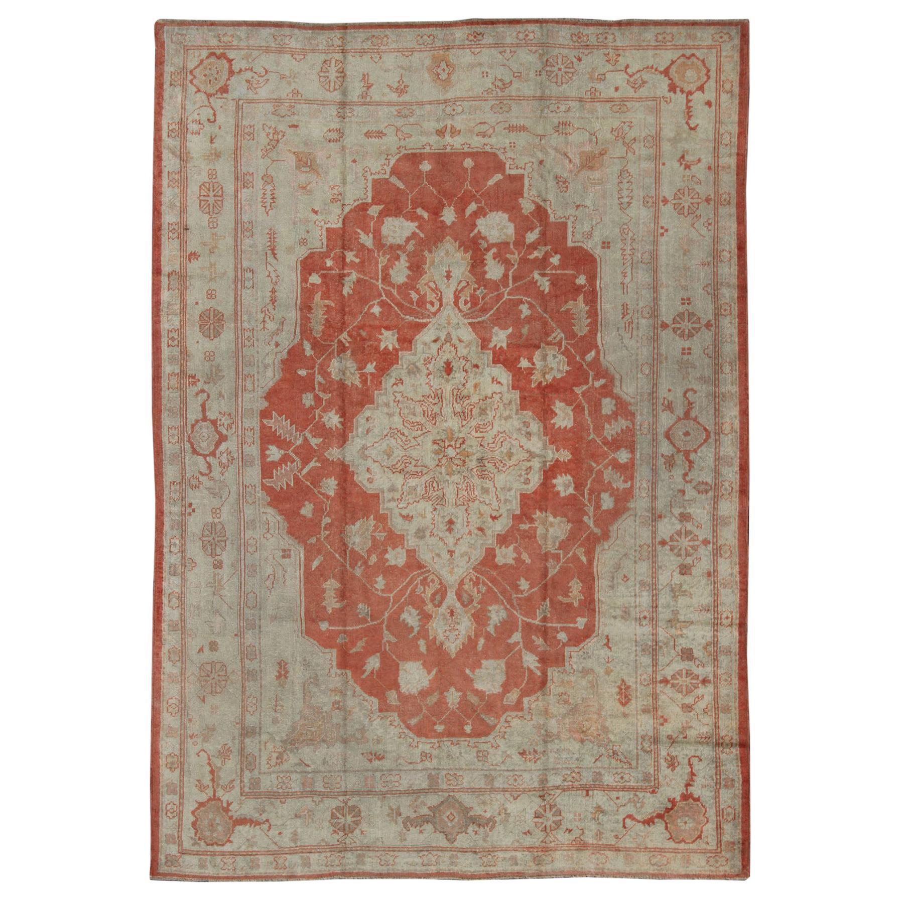 Antique Turkish Oushak Carpet With Medallion In Cream and Soft Orange For Sale