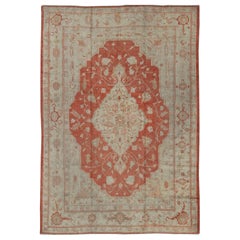 Antigua Alfombra Turca Oushak Con Medallón En Crema Y Naranja Suave