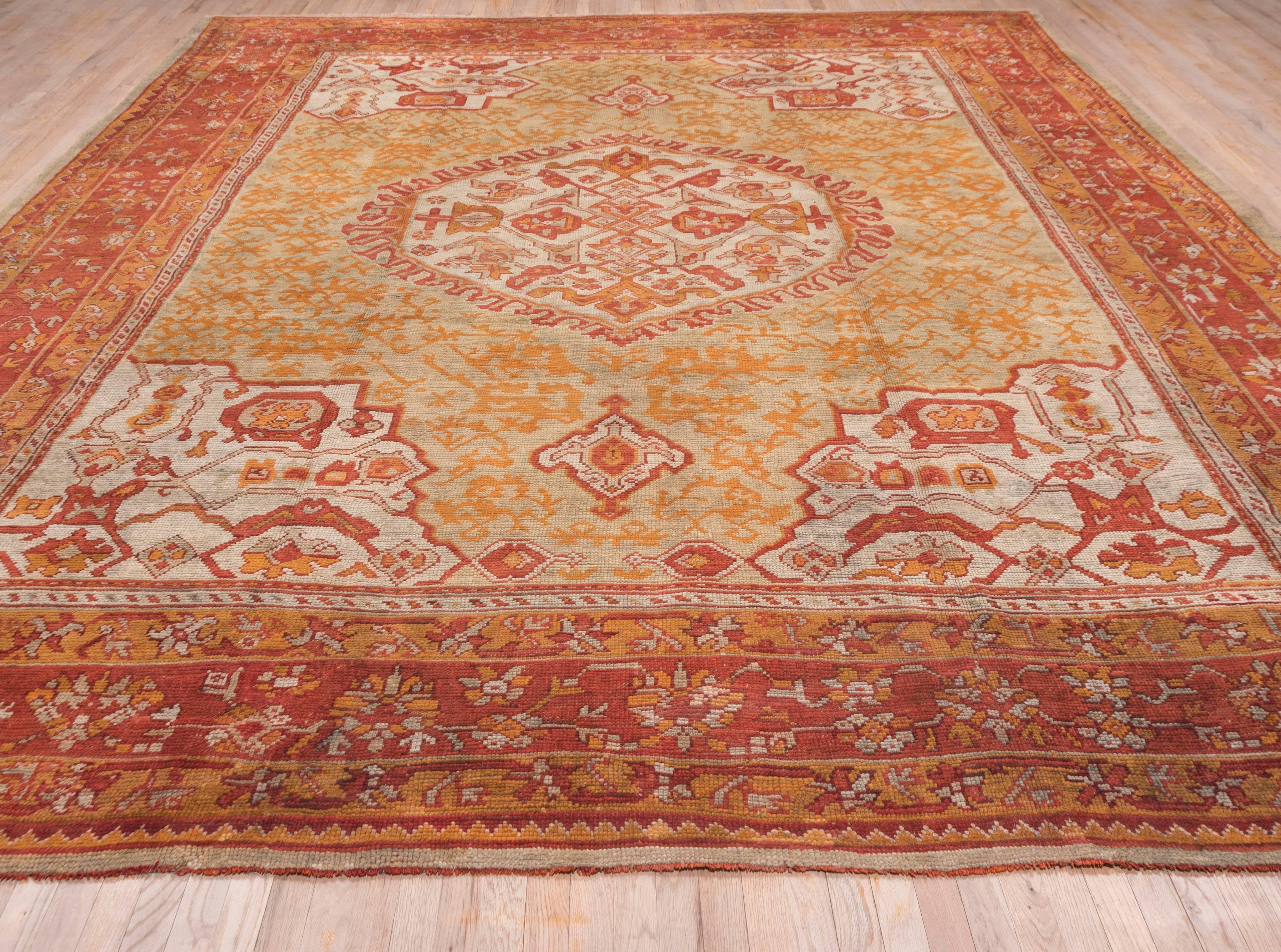 Hand-Knotted Antique Turkish Oushak Carpet, Yellow Field For Sale