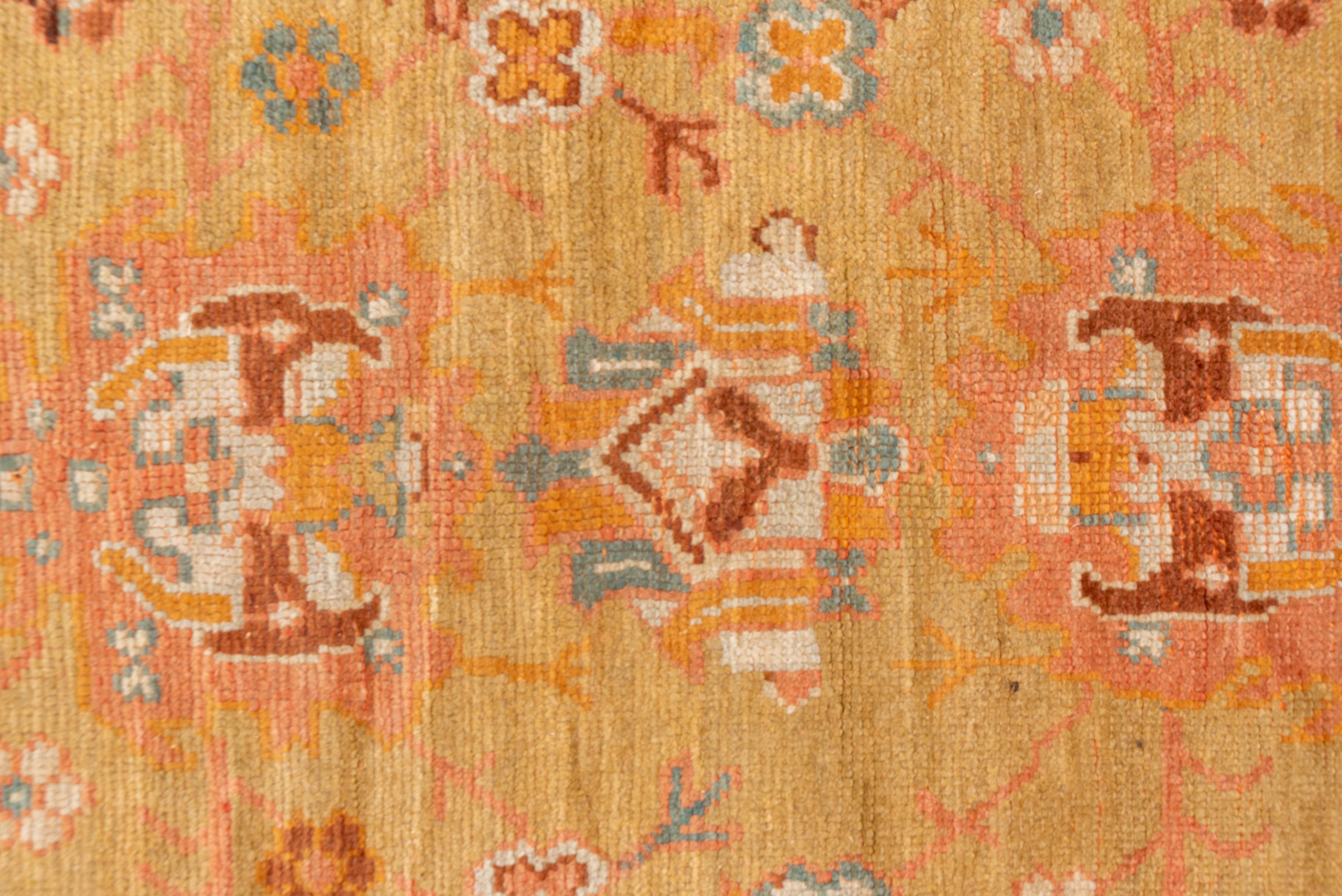 Hand-Knotted Antique Turkish Oushak Carpet, Yellow Field, Pink Borders, Colorful Border For Sale