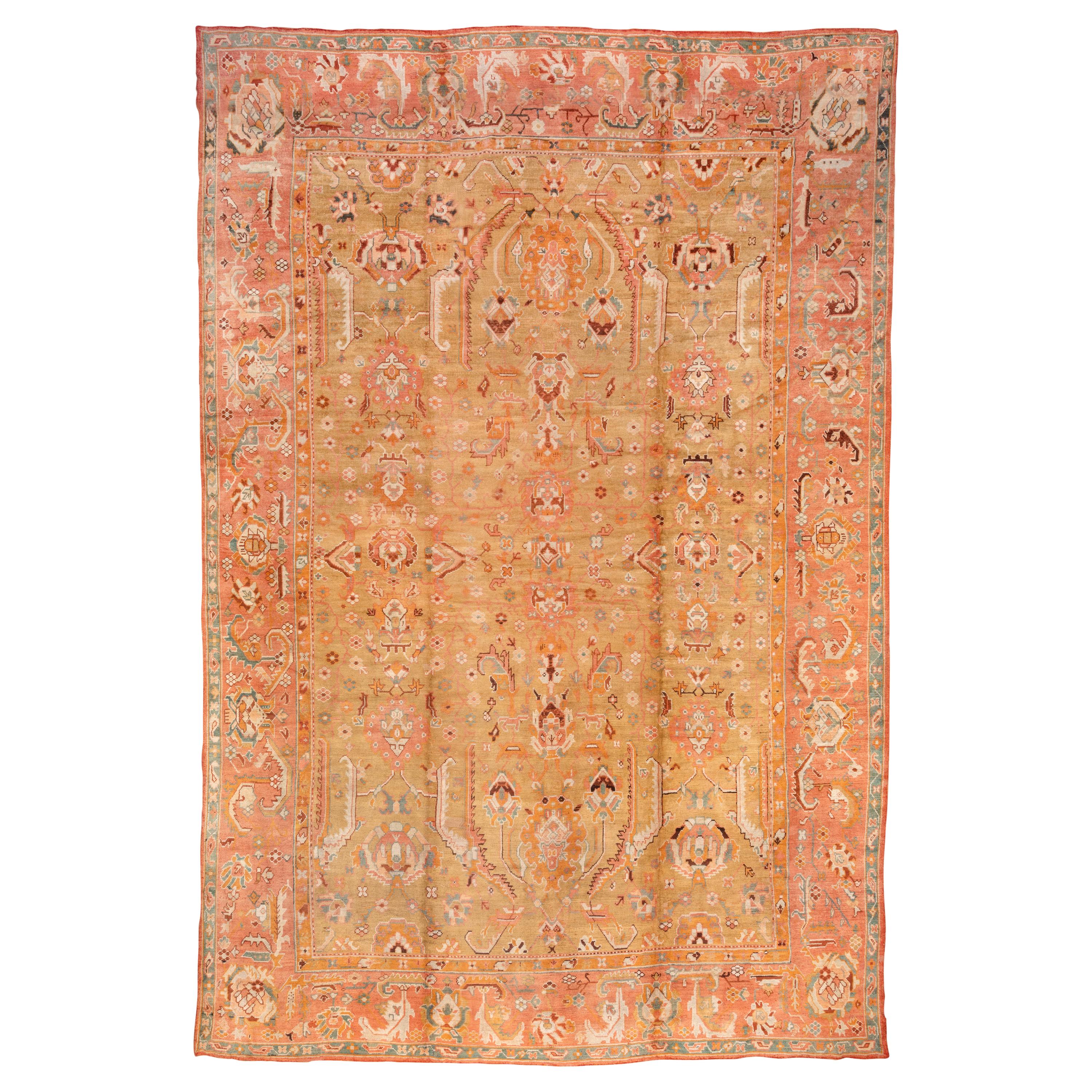 Antique Turkish Oushak Carpet, Yellow Field, Pink Borders, Colorful Border For Sale