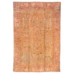 Antique Turkish Oushak Carpet, Yellow Field, Pink Borders, Colorful Border