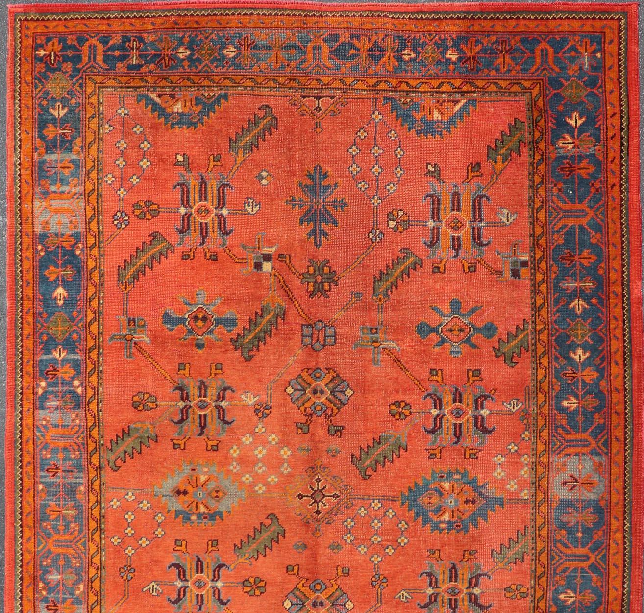 Antique Turkish Oushak Colorful Rug With All-Over Design In Salmon and Blue's  For Sale 4