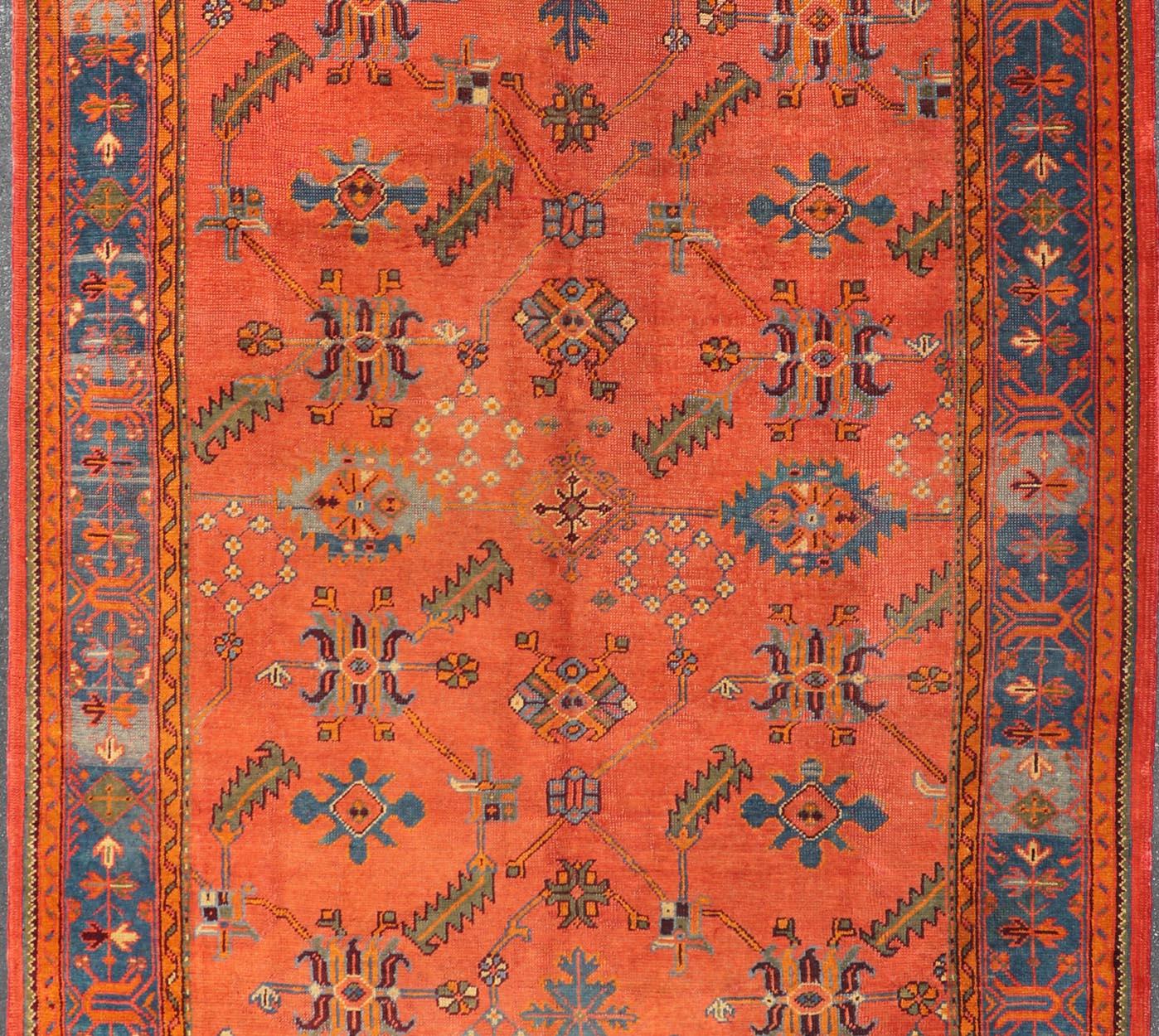 Antique Turkish Oushak Colorful Rug With All-Over Design In Salmon and Blue's  For Sale 5
