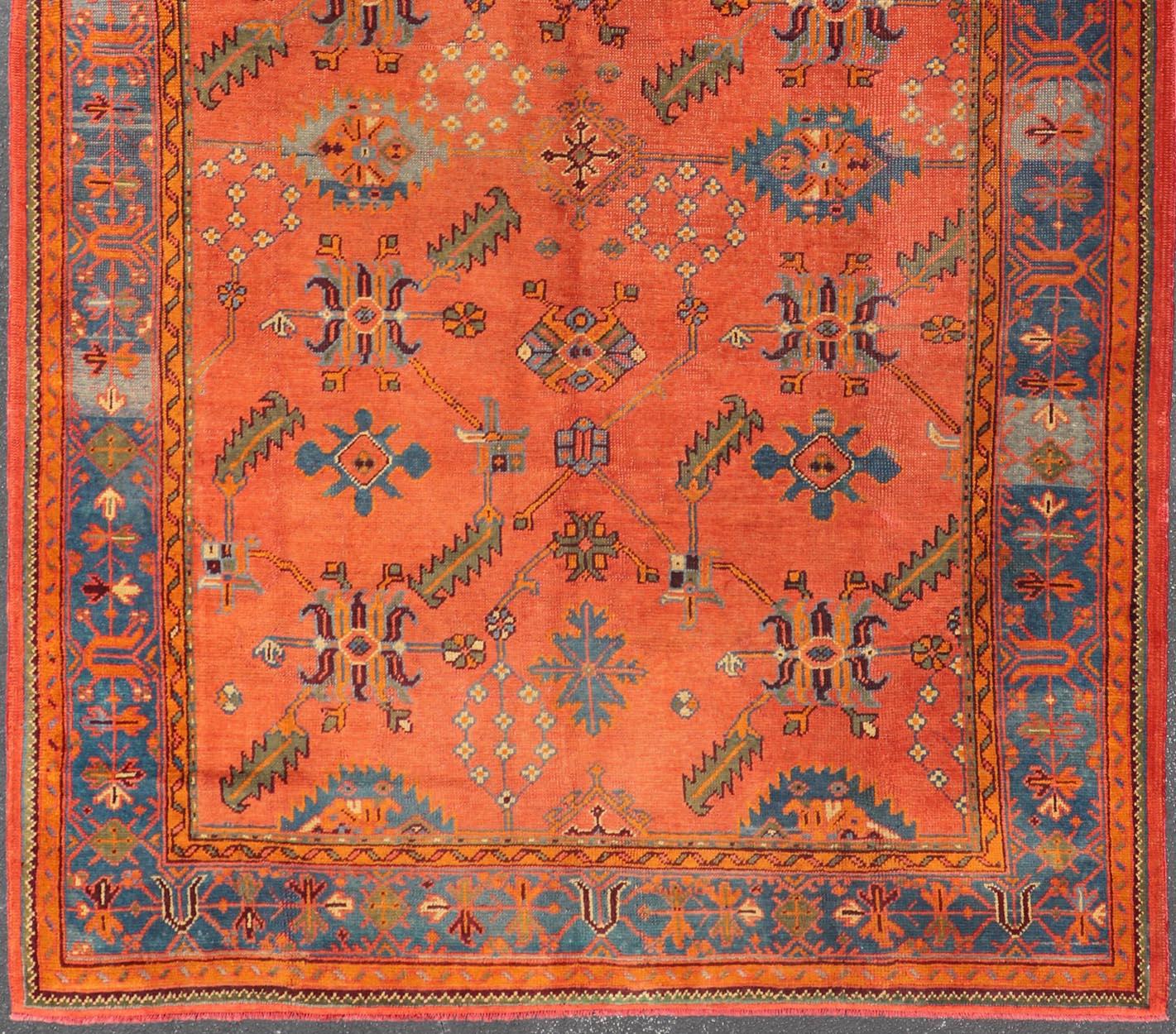 Antique Turkish Oushak Colorful Rug With All-Over Design In Salmon and Blue's  For Sale 6