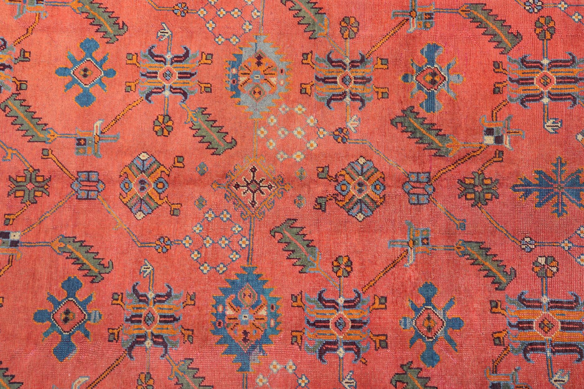 Antique Turkish Oushak Colorful Rug With All-Over Design In Salmon and Blue's  For Sale 7