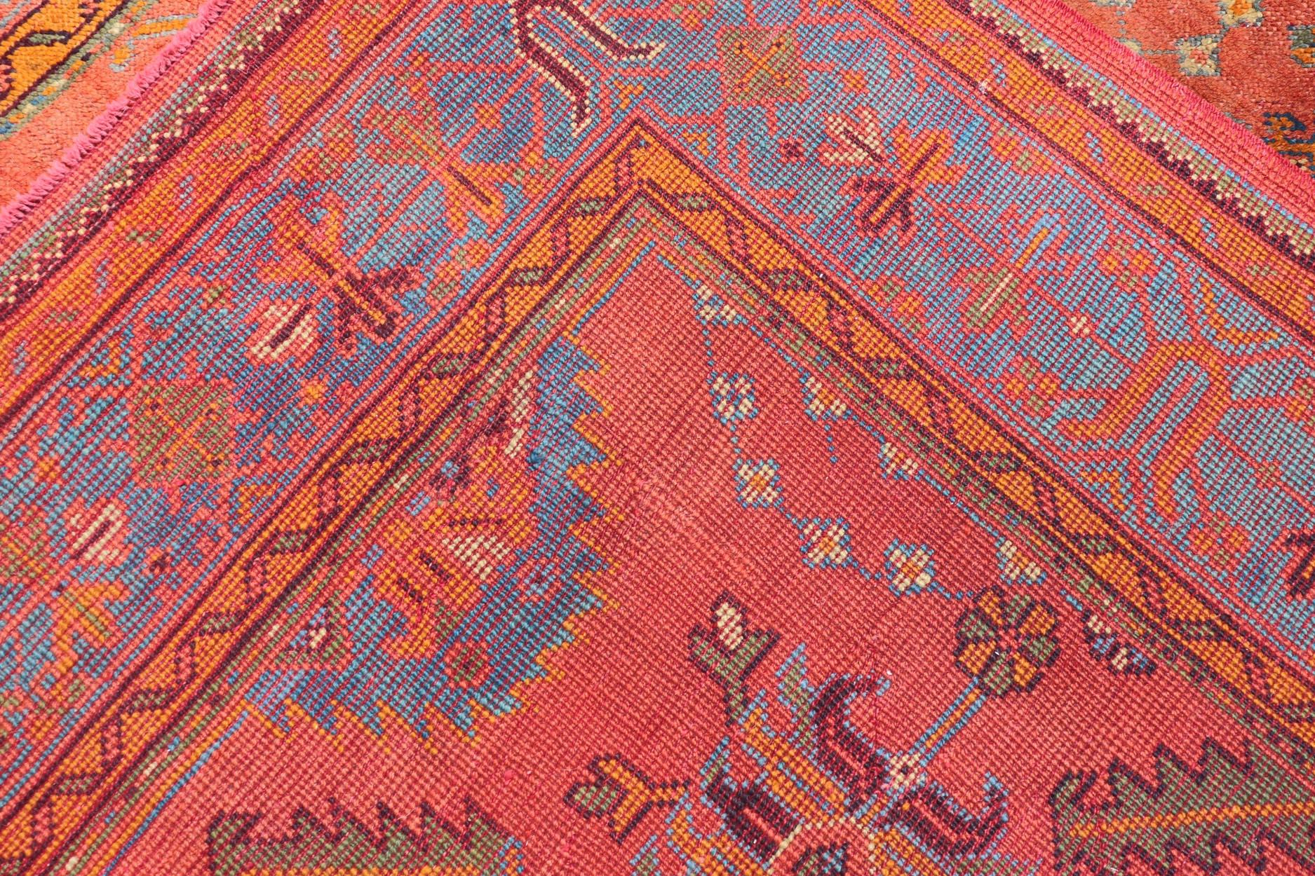 Antique Turkish Oushak Colorful Rug With All-Over Design In Salmon and Blue's  For Sale 9