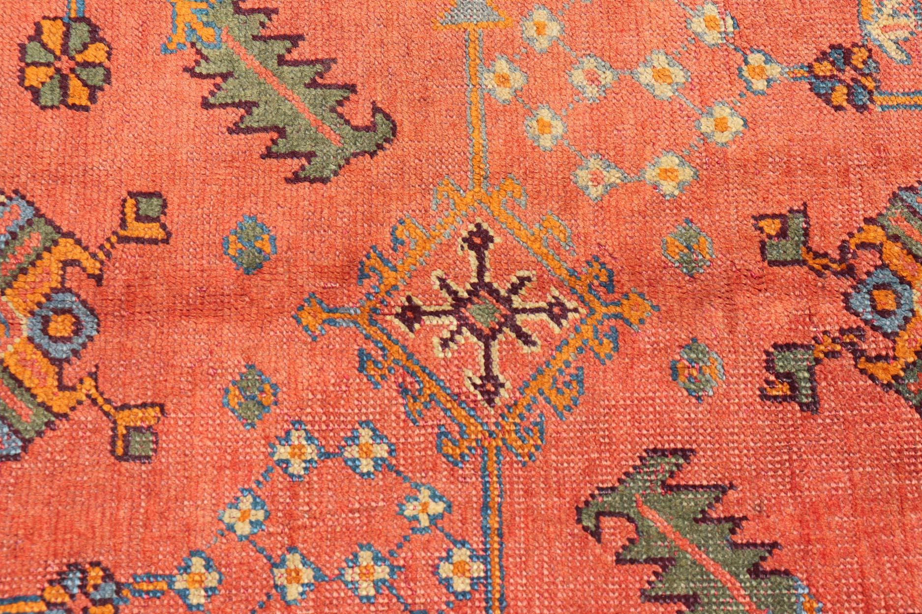 20th Century Antique Turkish Oushak Colorful Rug With All-Over Design In Salmon and Blue's  For Sale