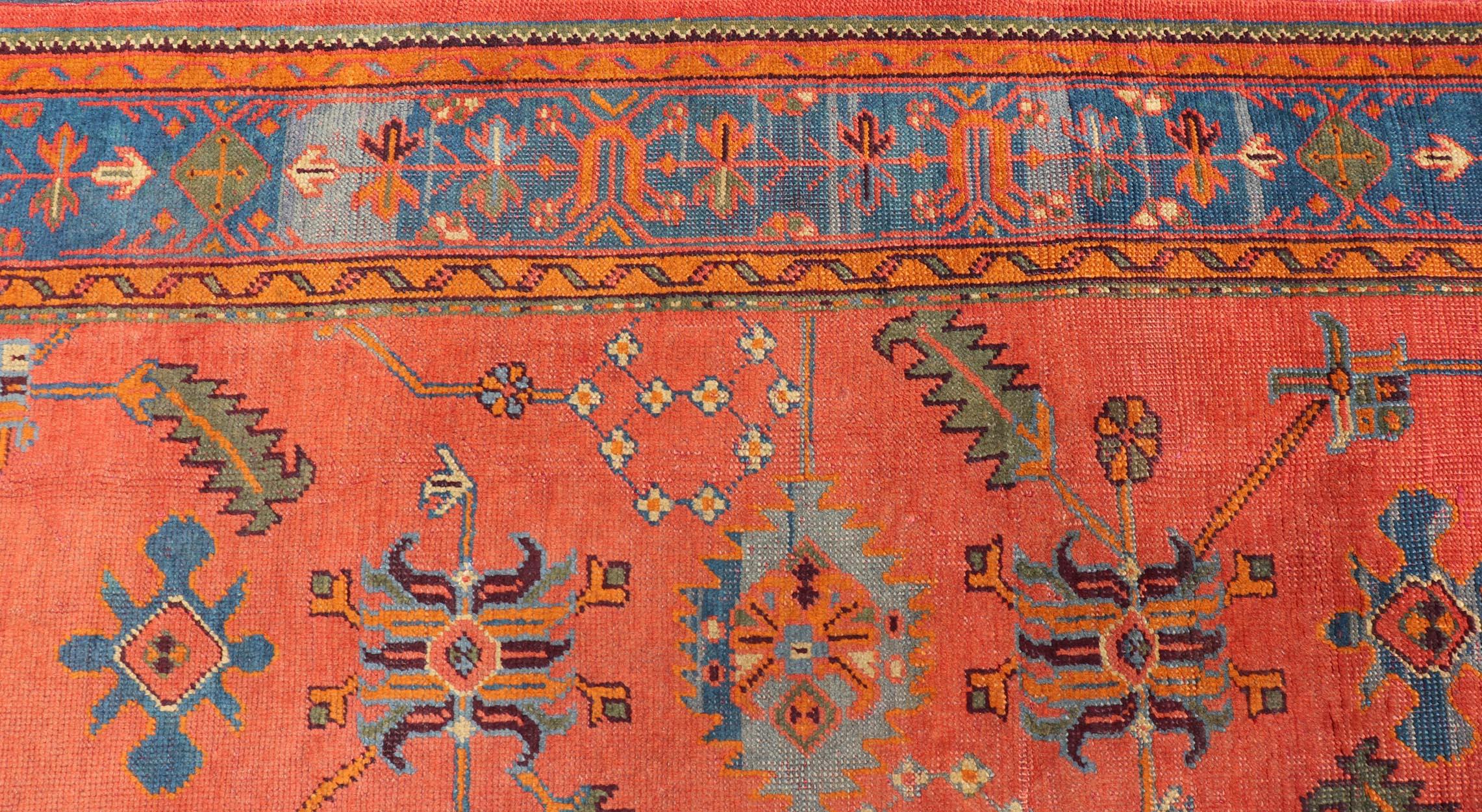 Antique Turkish Oushak Colorful Rug With All-Over Design In Salmon and Blue's  For Sale 1