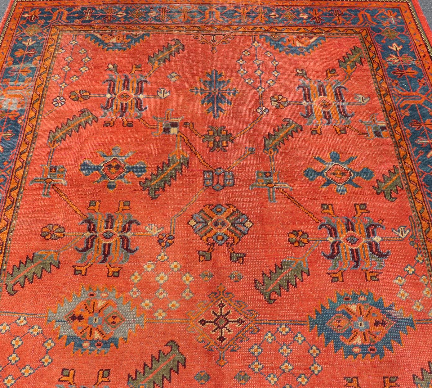 Antique Turkish Oushak Colorful Rug With All-Over Design In Salmon and Blue's  For Sale 3