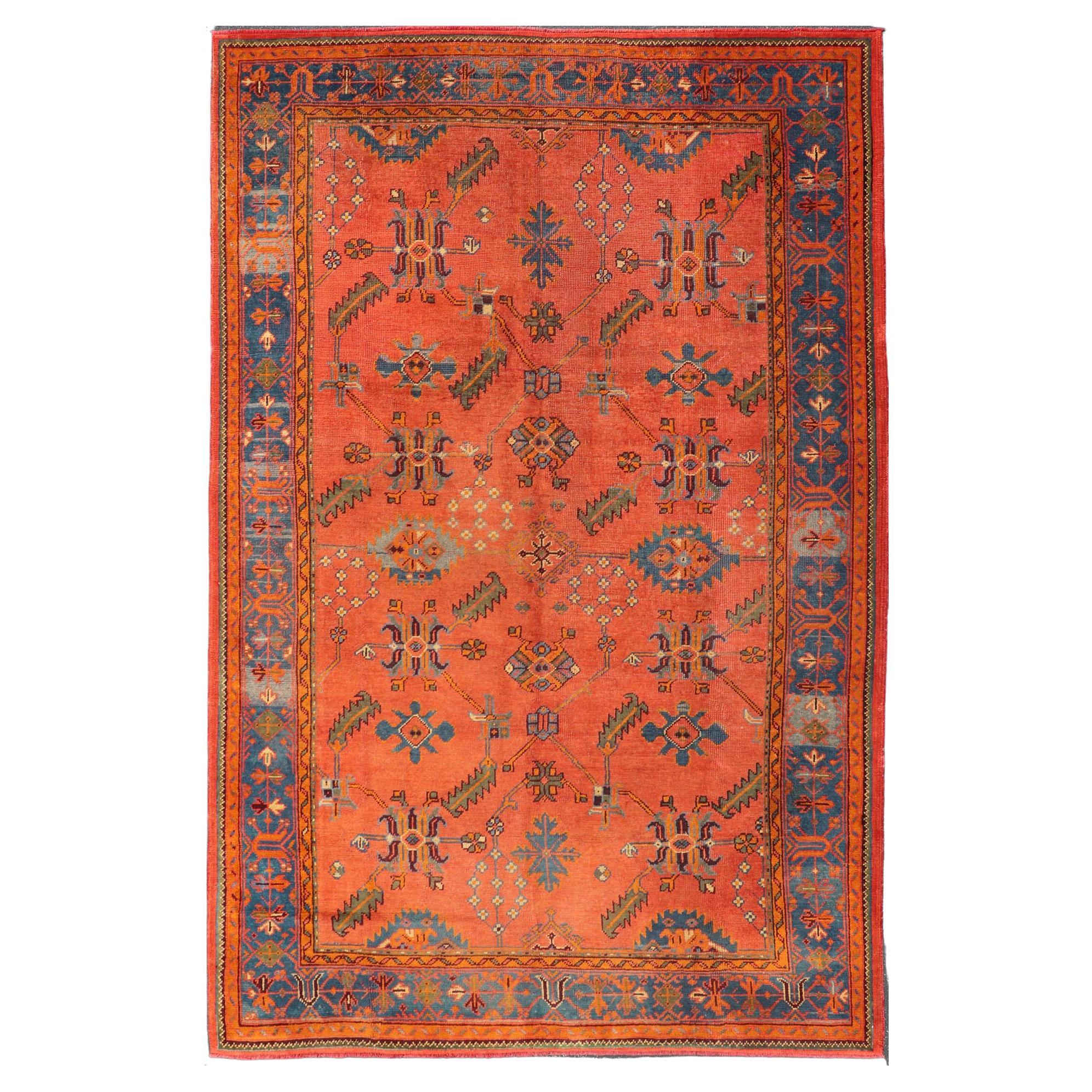Antique Turkish Oushak Colorful Rug With All-Over Design In Salmon and Blue's  For Sale