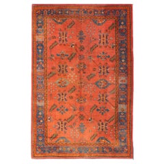 Antique Turkish Oushak Colorful Rug With All-Over Design In Salmon and Blue's 