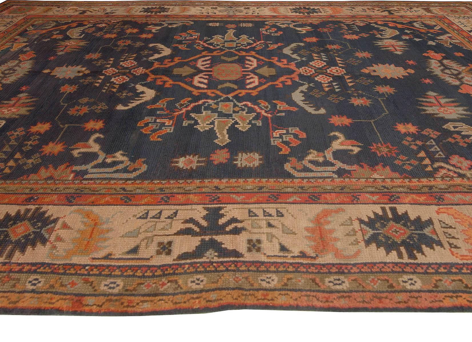 Hand-Woven Antique Turkish Oushak Blue Handmade Wool Rug For Sale