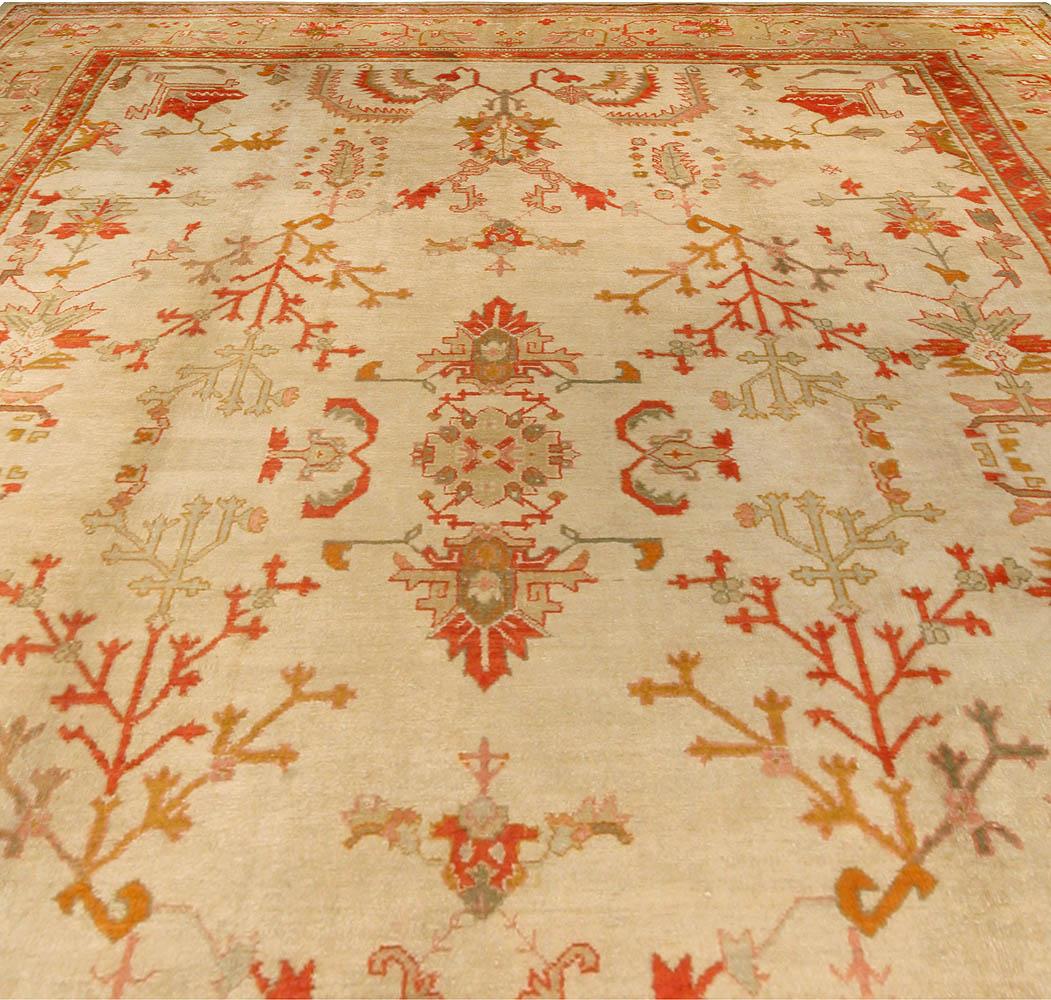 Antique Turkish Oushak cream, beige and apricot handwoven wool rug
Size: 12'5