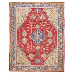  Antique Turkish Oushak in yellow Green, Red & Blue with Floral Medallion Design