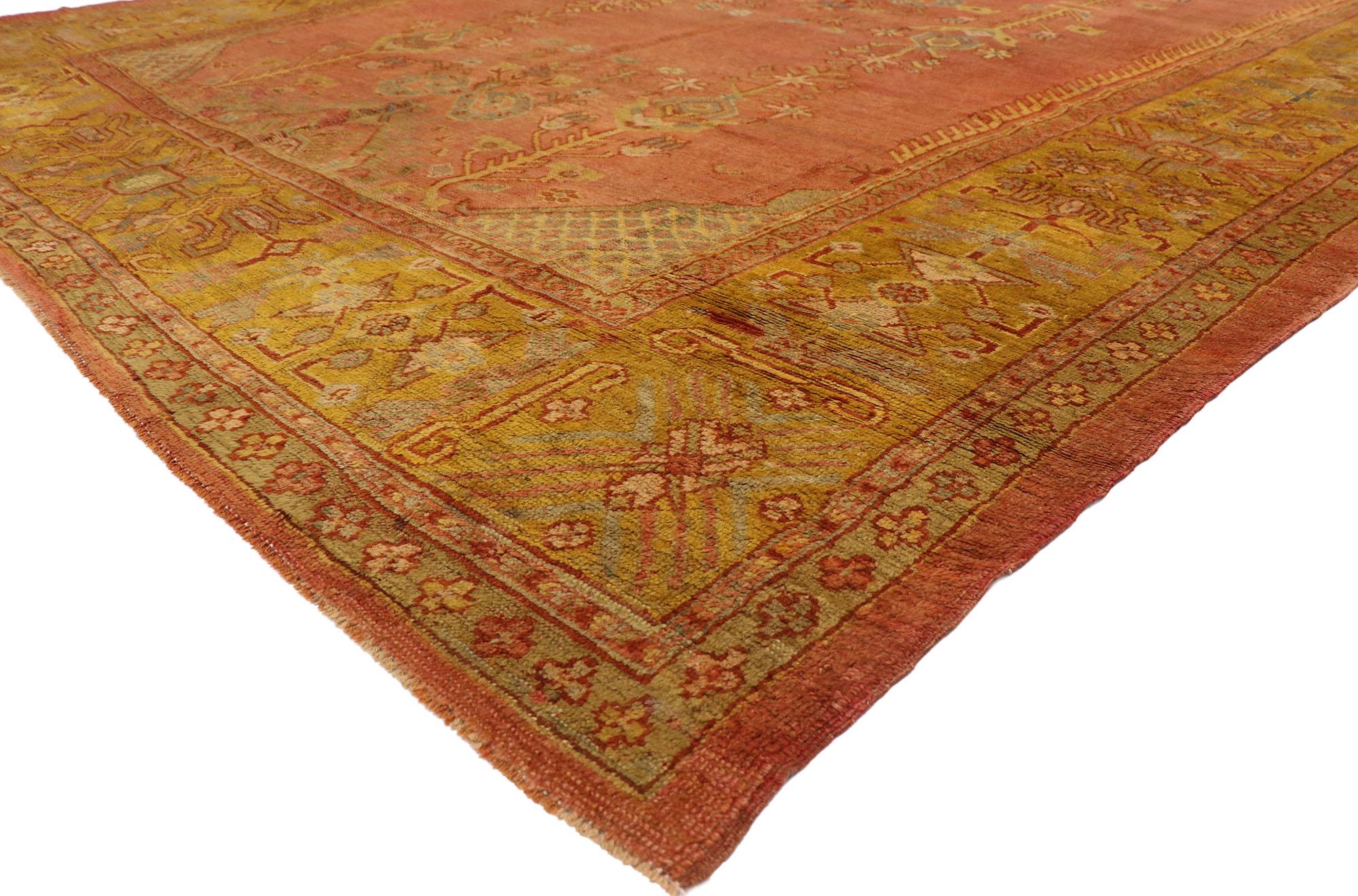 73790 antique Turkish Oushak Directional rug with Rustic Arts & Crafts style. The architectural elements of naturalistic forms and timeless elegance combined with Arts & Crafts style, this hand knotted wool antique Turkish Oushak rug astounds with