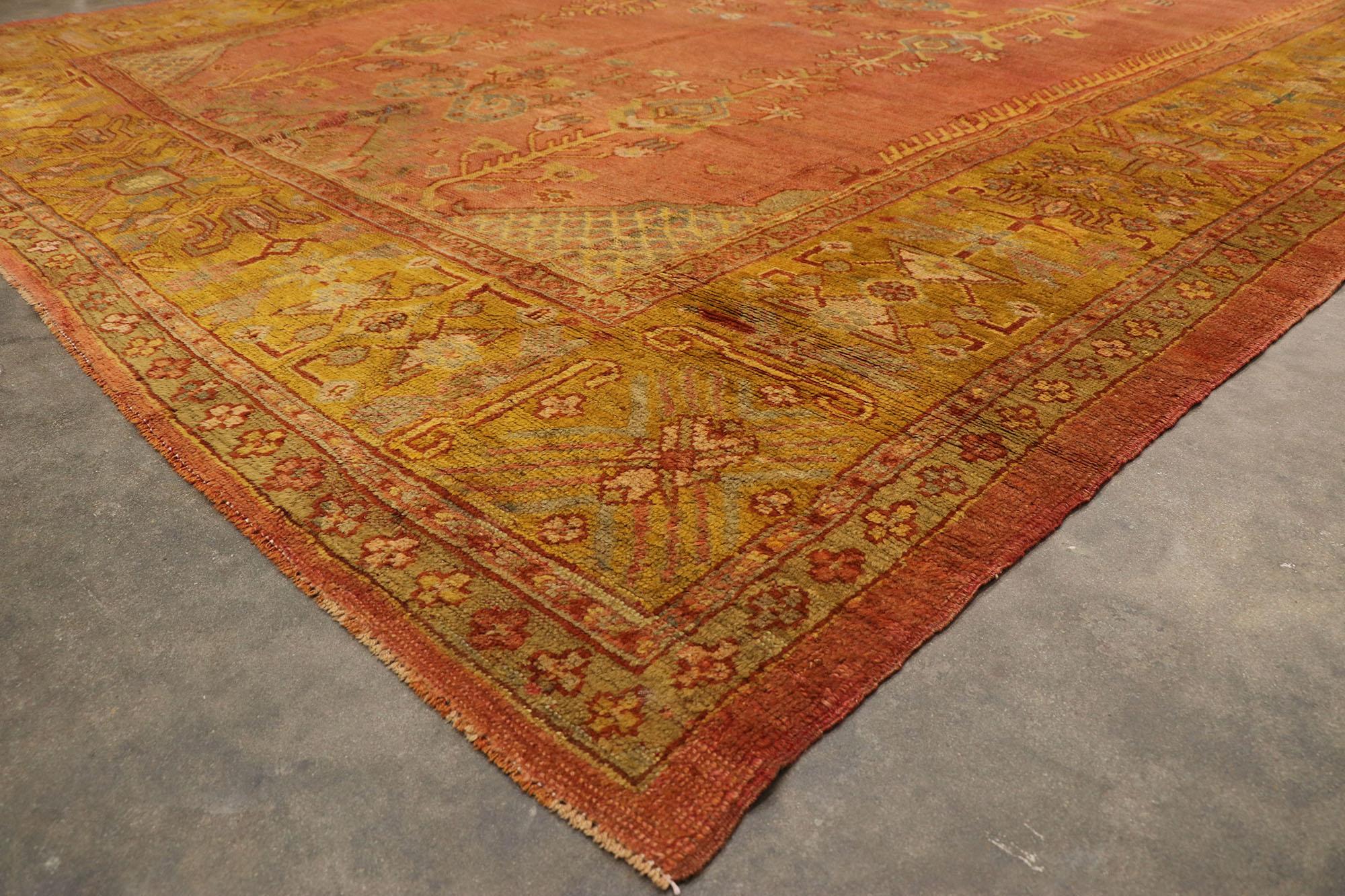 Wool Antique Turkish Oushak Rug with Rustic Arts & Crafts Style For Sale
