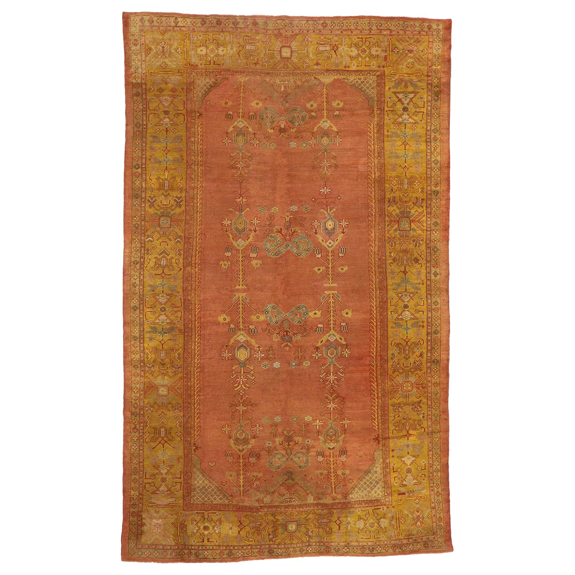 Ancien tapis turc Oushak de style Arts & Crafts rustique